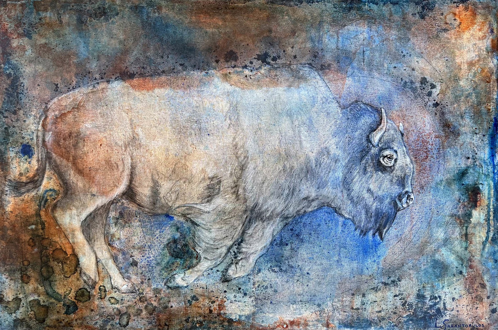 Original Mixed Media Painting Featuring Running Bison With Abstract Background In Browns And Blues