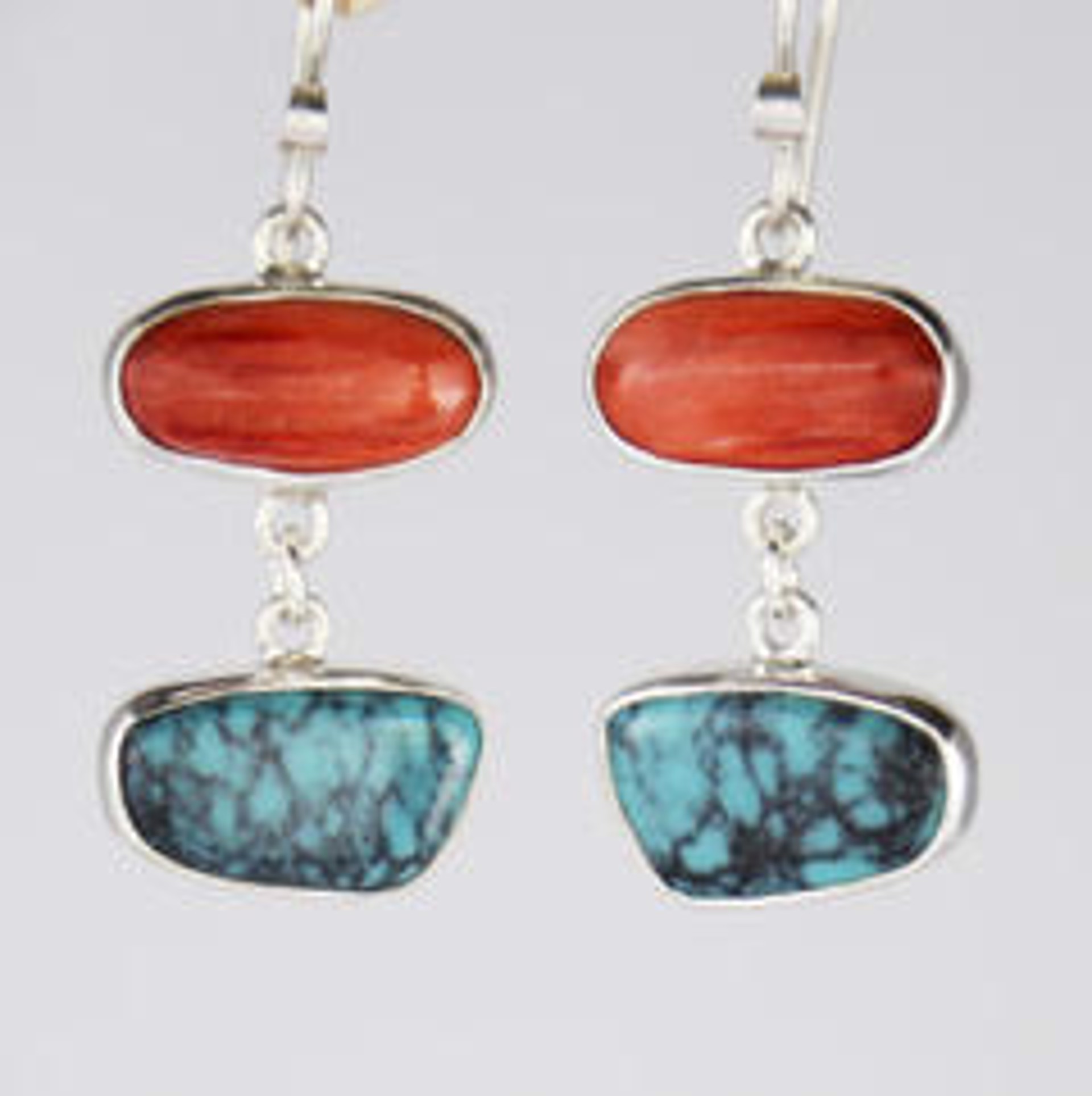 Earrings - Sterling Silver With Spiny Oyster & Tibetian Turquoise - 466 by Ken and Barbara Newman