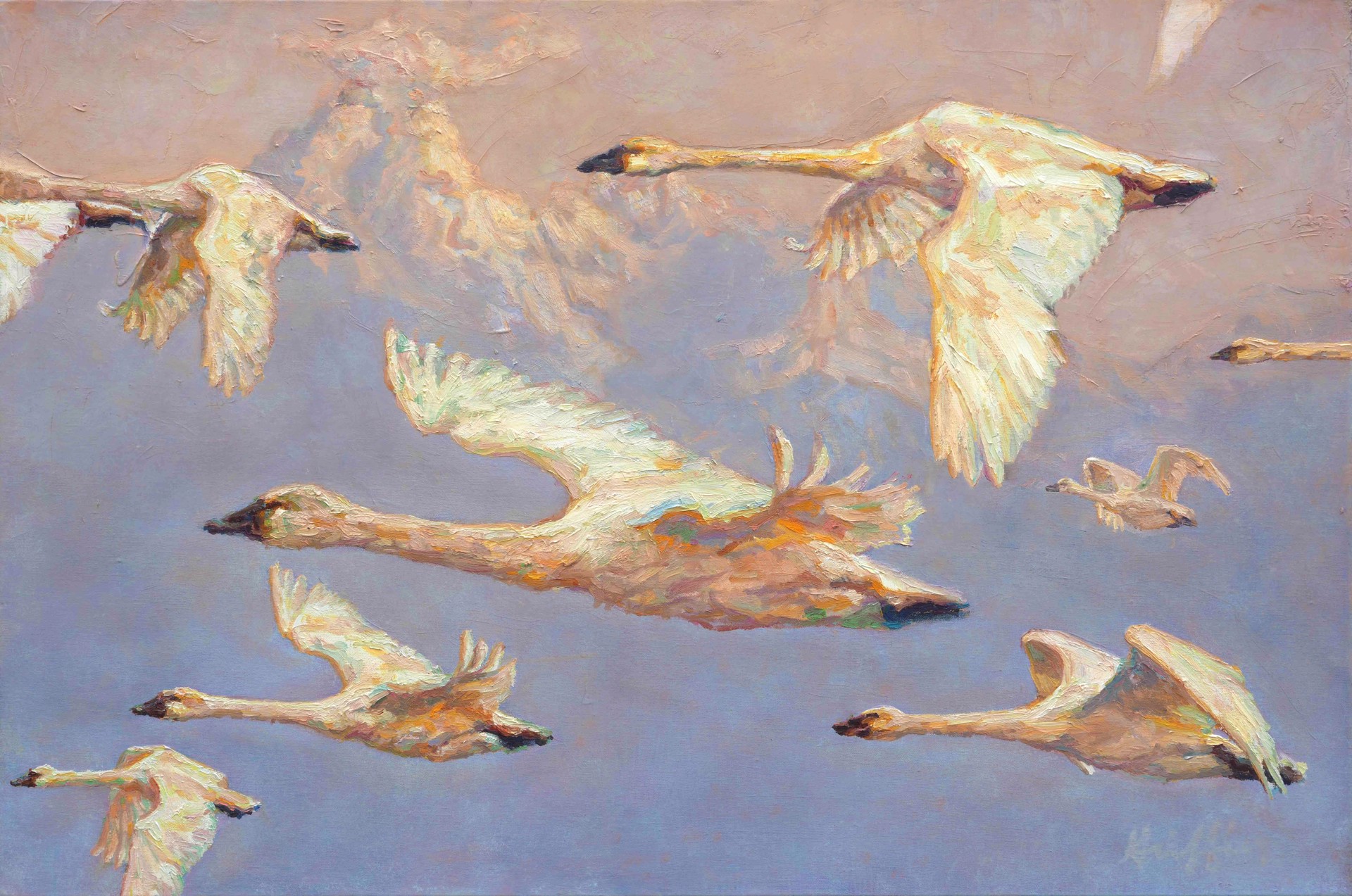 Original-Oil-Painting-By-Patricia-Griffin-In-A-Traditional-Graphic-Style-With-Swans-Flying-Over-The-Mountains-Painted-With-Lilac-And-Pink-And-White-Colors