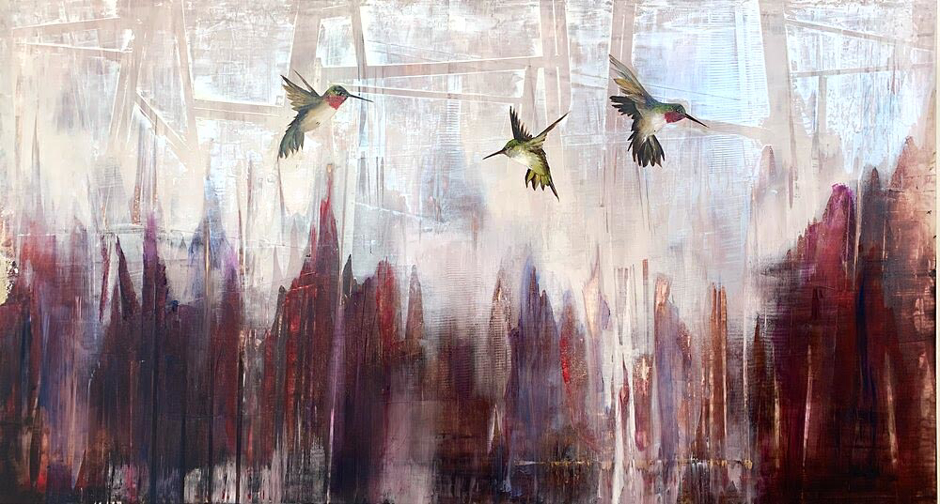 Contemporary Oil Painting Of Three Humming Birds In Flight Featuring A Light Colored Patterned Background That Fades To Maroon, By Jenna Von Benedikt