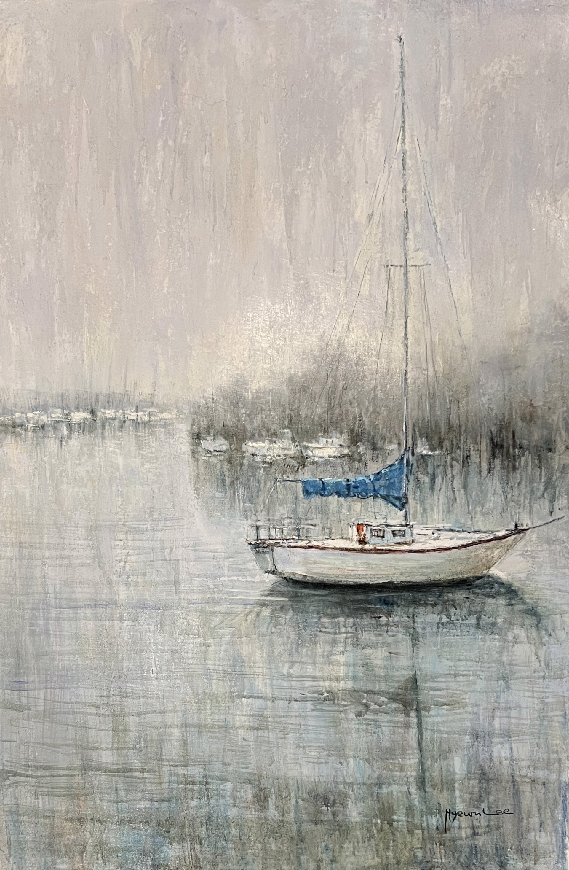 SAILBOAT ON STILL WATERWAY by H LEE