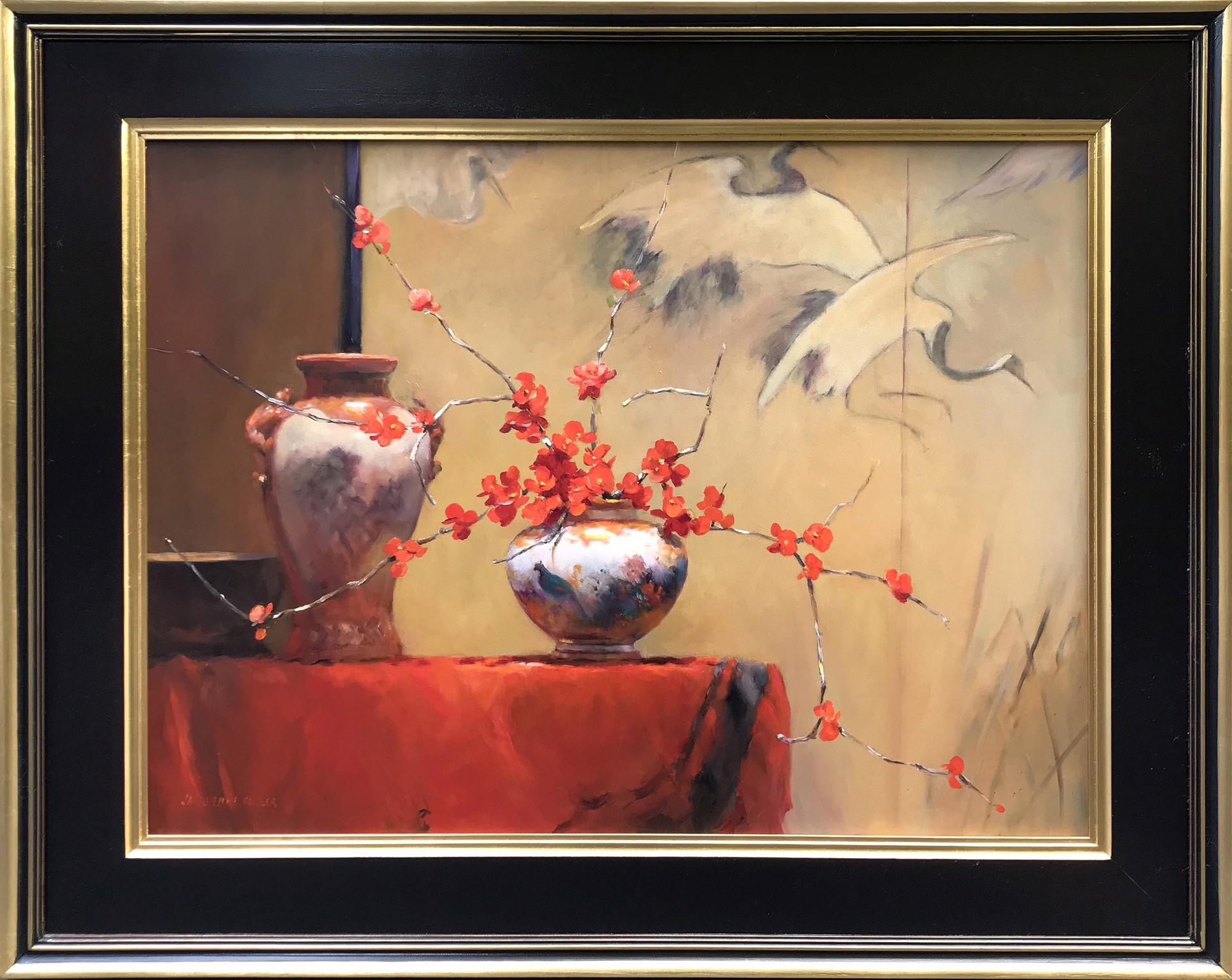 Cranes with Japonica by Jacqueline Fowler