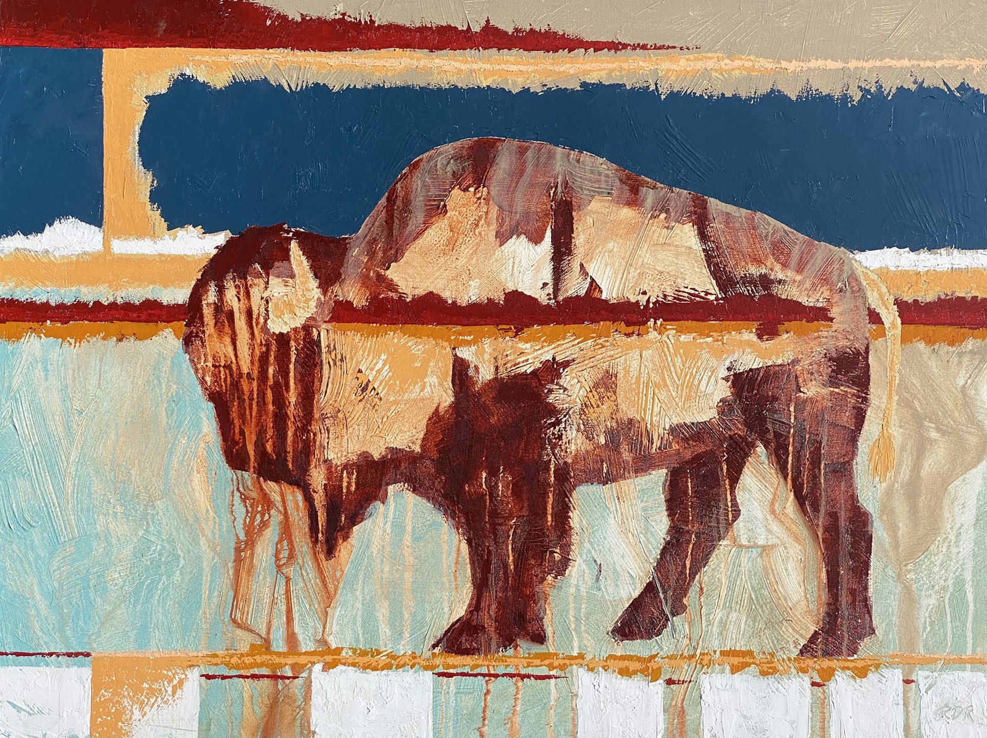 A Contemporary Painting By Ron Russon Of A Bison Walking With Rich Colors And Abstract Elements At Gallery Wild