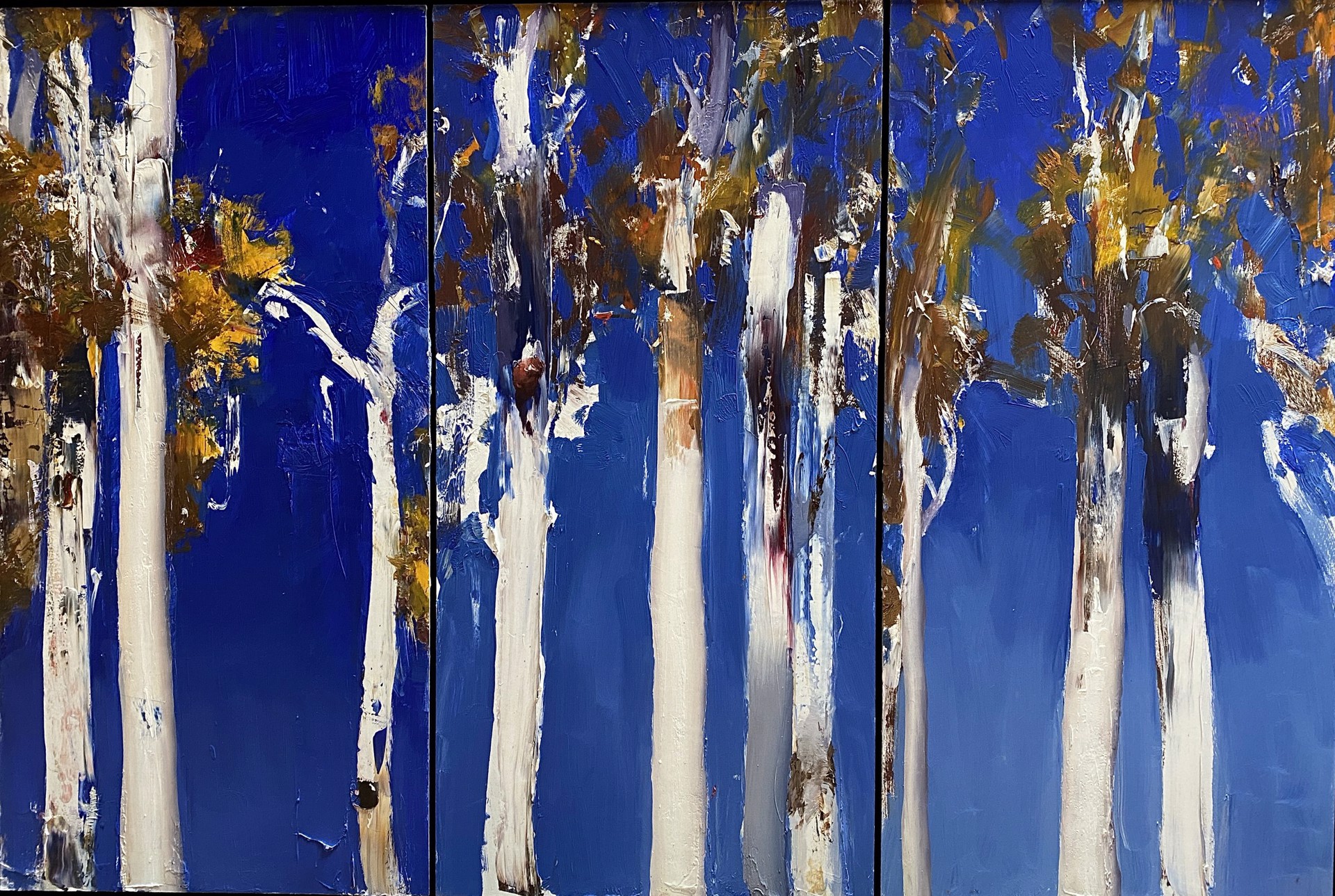 Ken Knight painting of gumtrees on a blue sky background