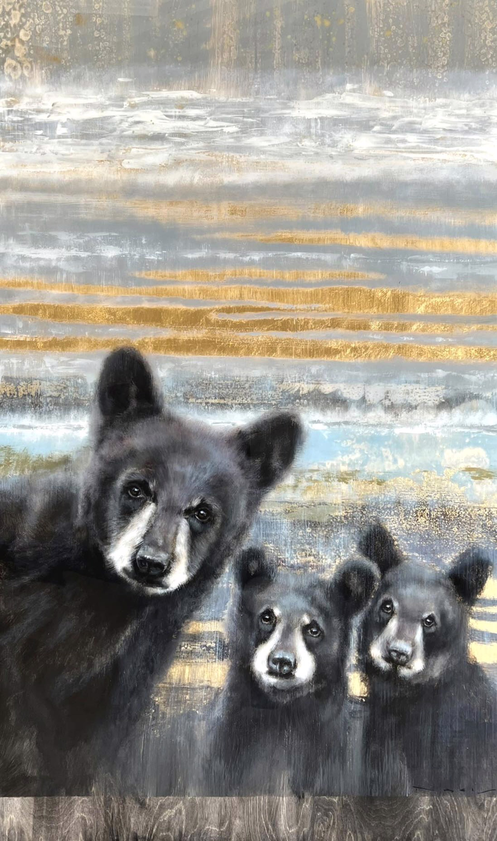 Original Acrylic Painting Of Three Black Bear Cubs Over Abstracted Sky Background With Gold Detail