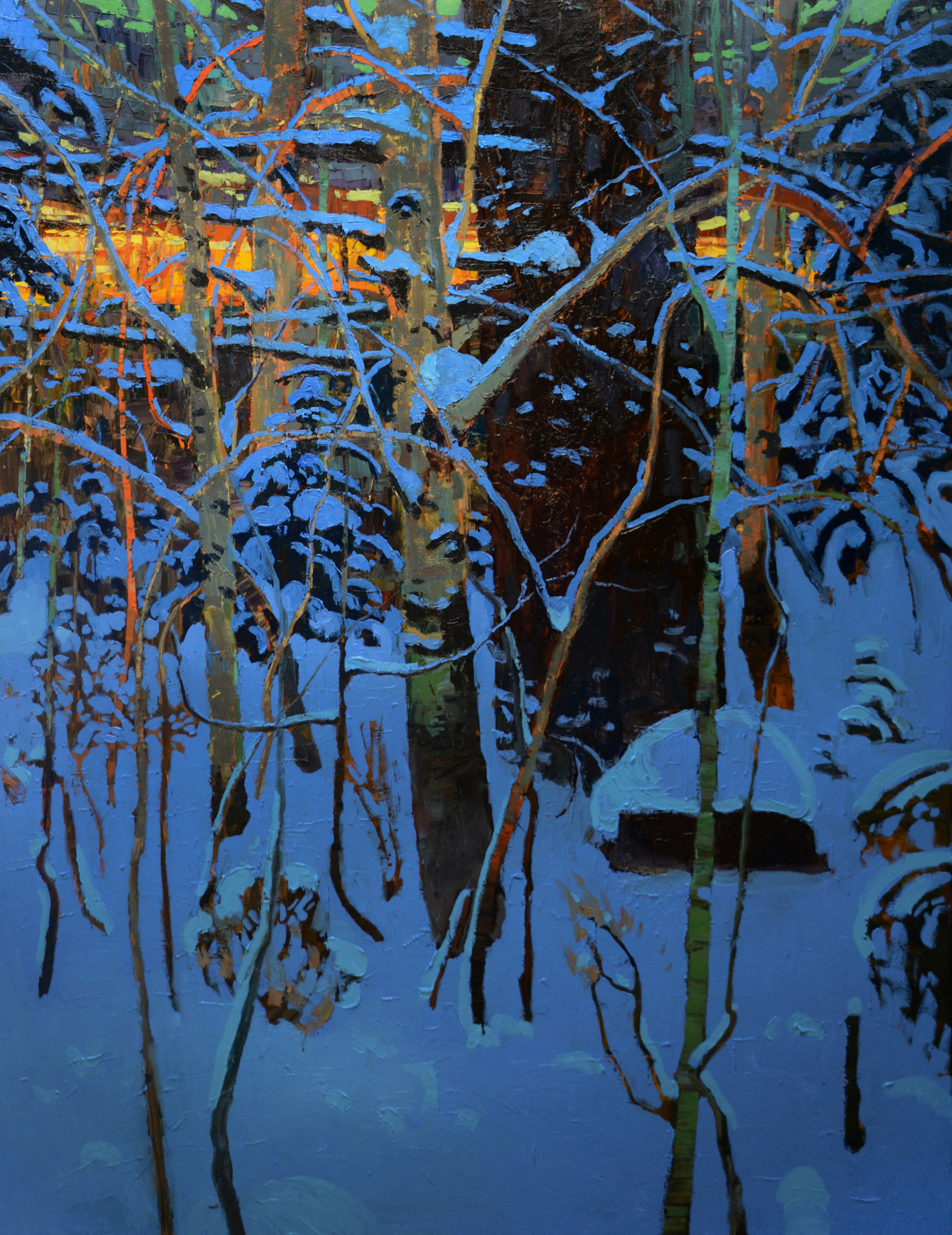 A Contemporary Fine Art Oil Painting By Silas Thompson Featuring A Warm Sunset Through Snow Covered Aspens , Available At Gallery Wild