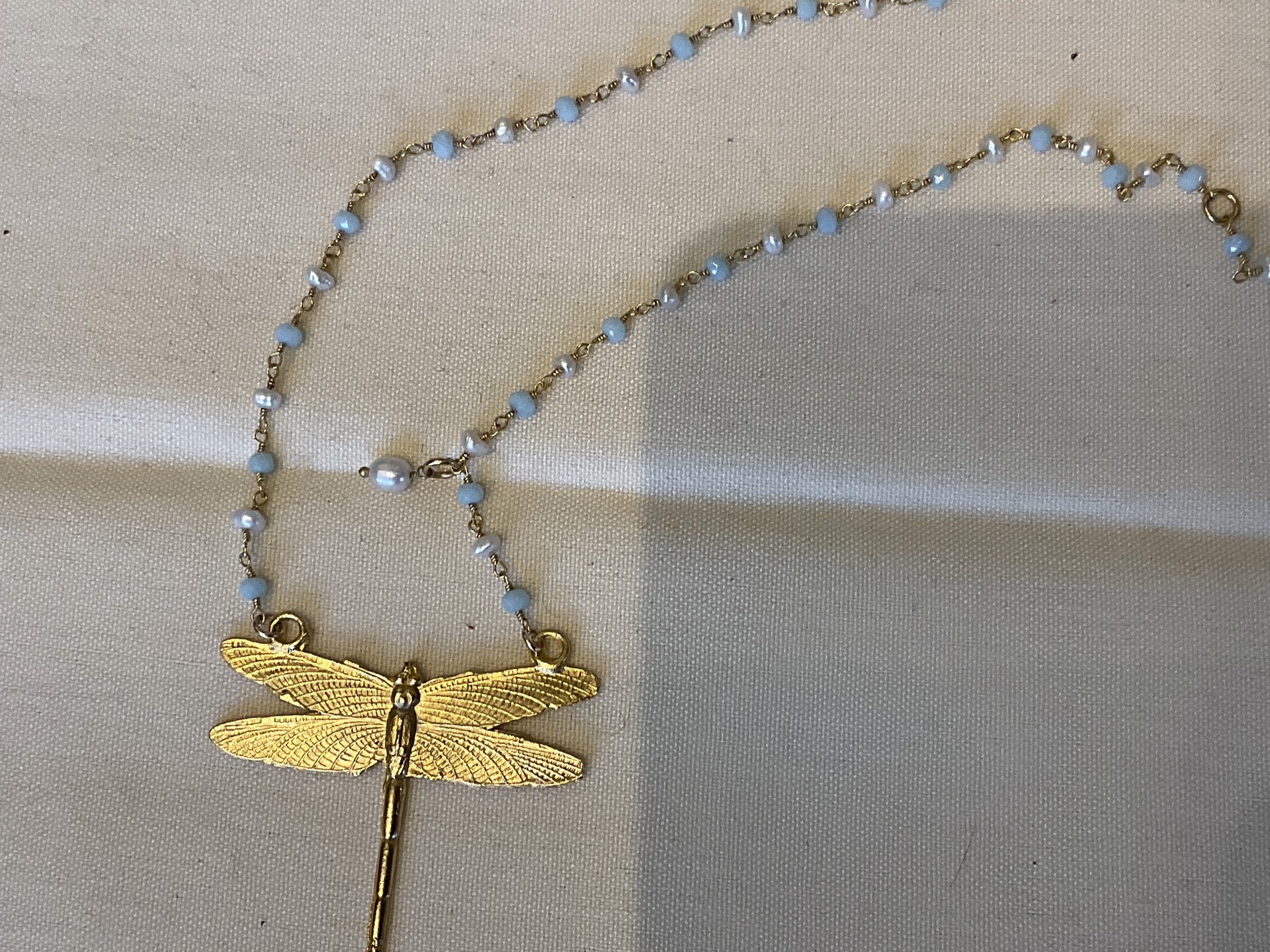 KB-N151 GVML Amazonite and Pearl Necklace GldPltd Dragonfly by Karen Birchmier