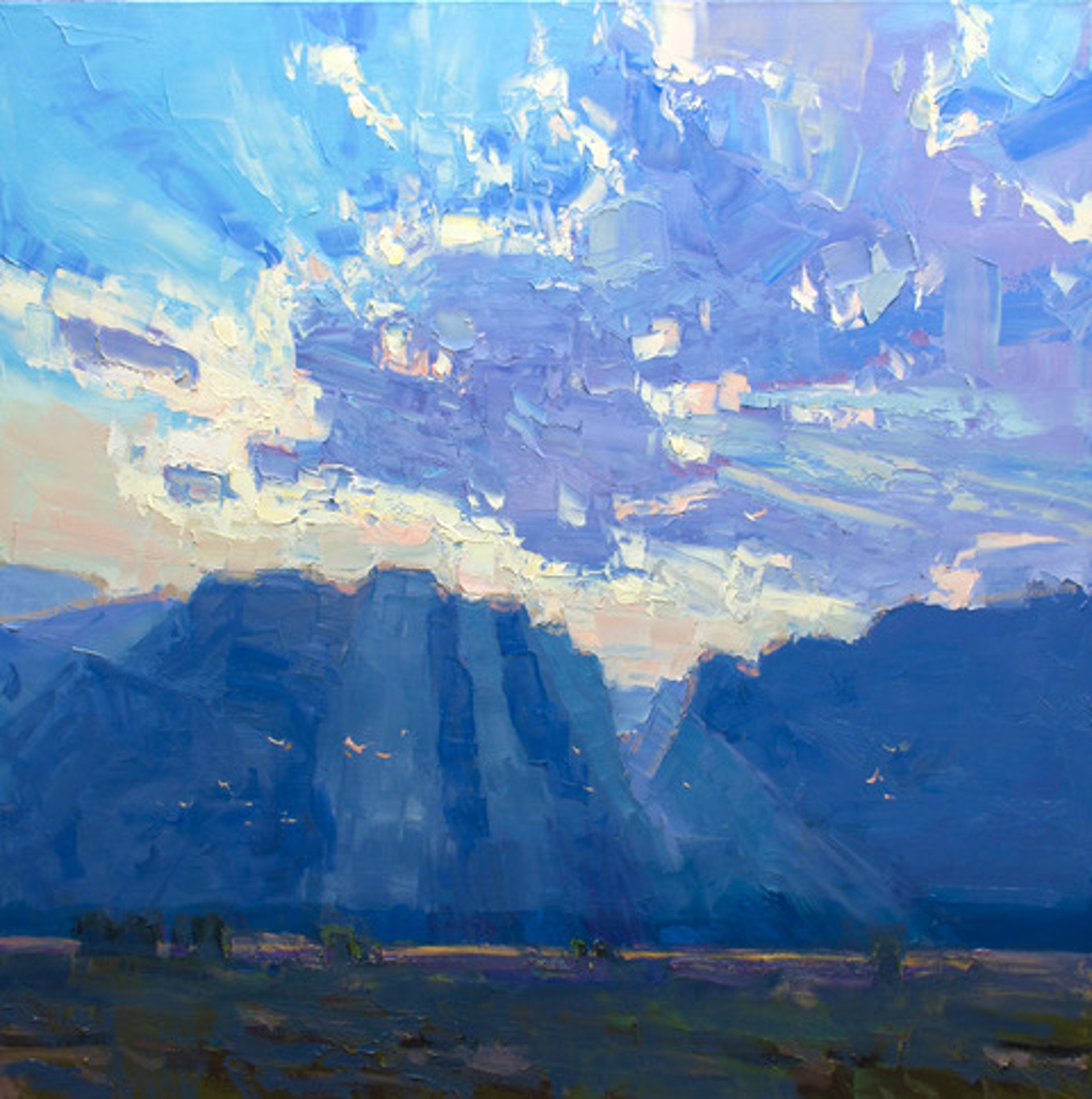  A Palette Knife Oil Painting Of The Sun Shining Through A Cloud Over A Mountain Range By Silas Thompson At Gallery Wild