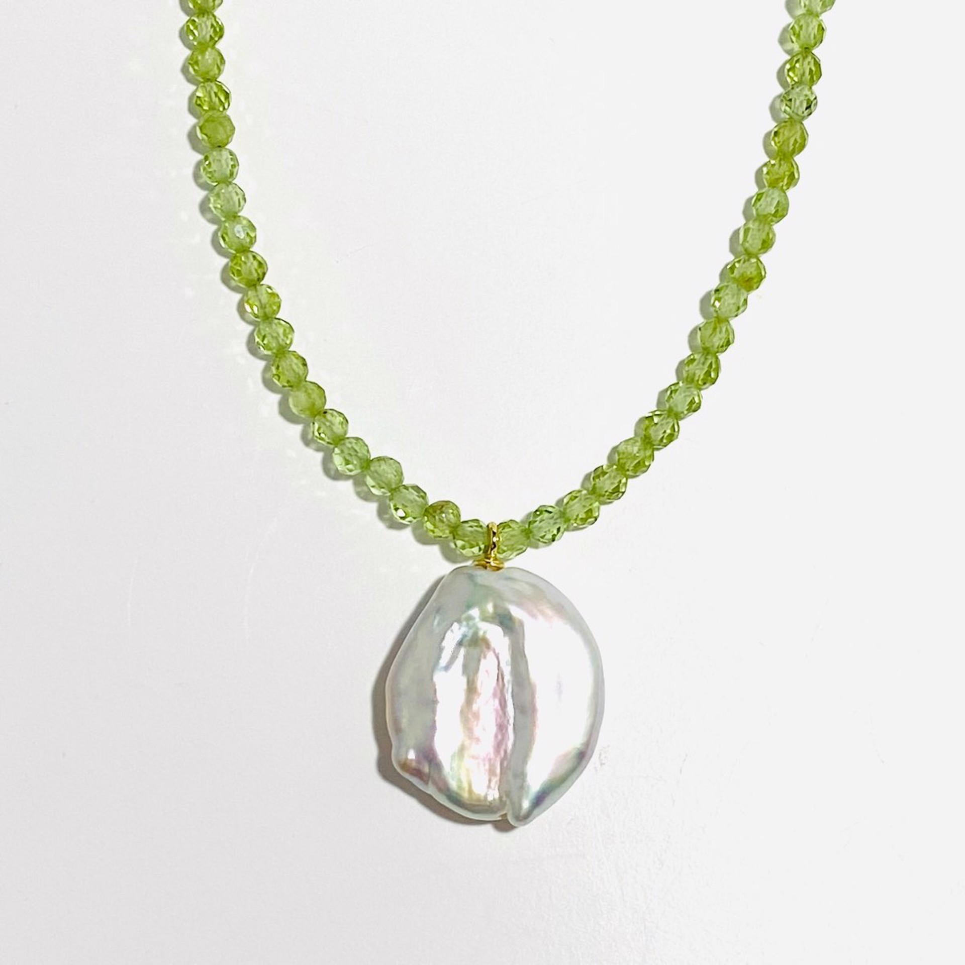Faceted Small Peridot Coin Pearl Drop Necklace by Nance Trueworthy