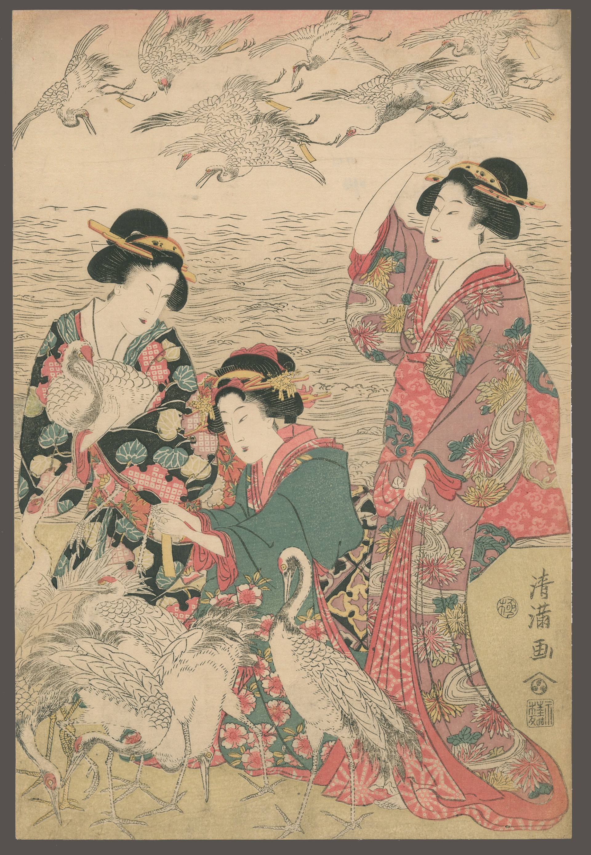 Beauties (Bijin) Tying Wish Slips to Cranes by Kiyomine