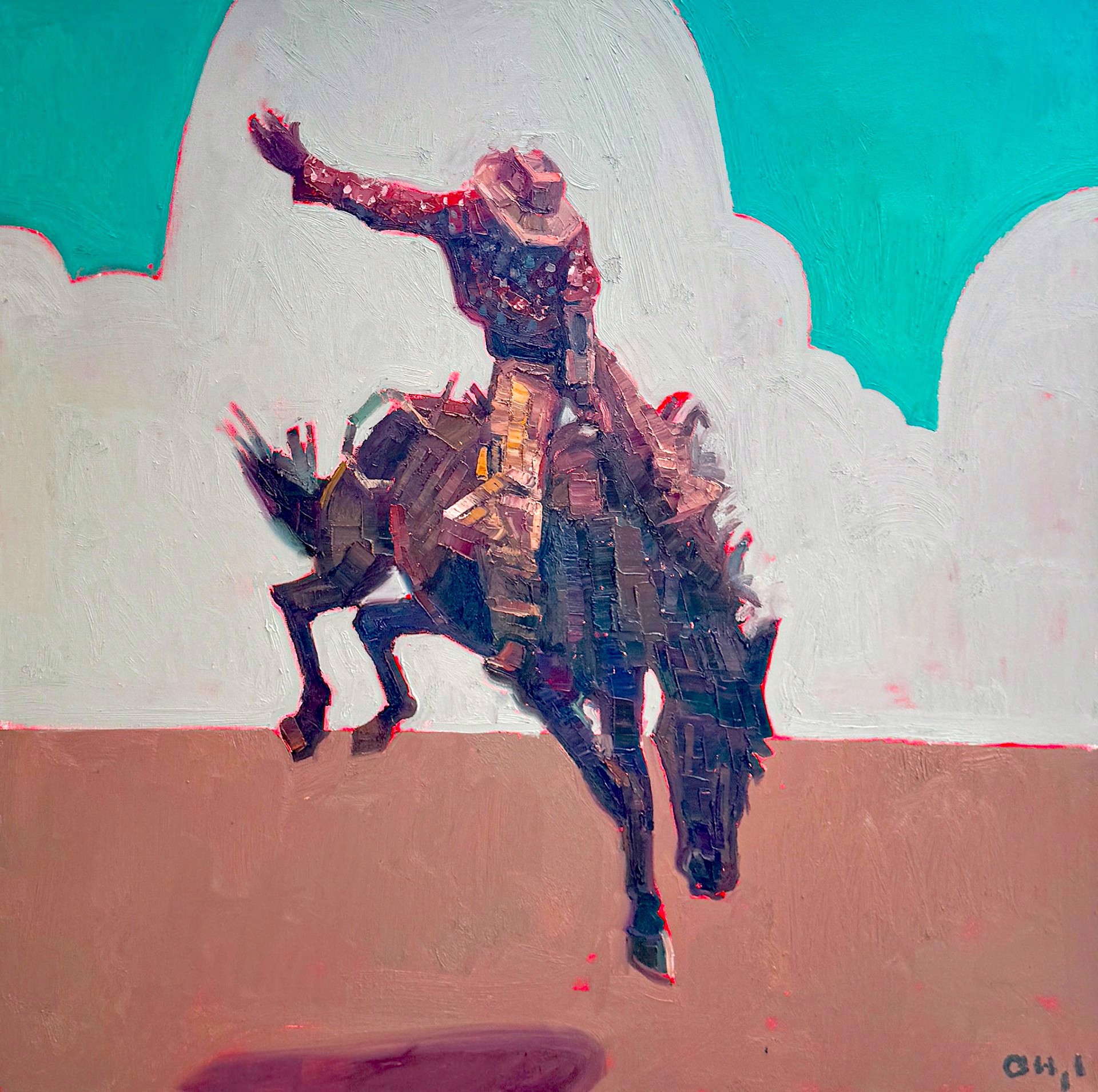 Original Oil Painting By Aaron Hazel Featuring A Cowboy Riding A Bucking Bronco