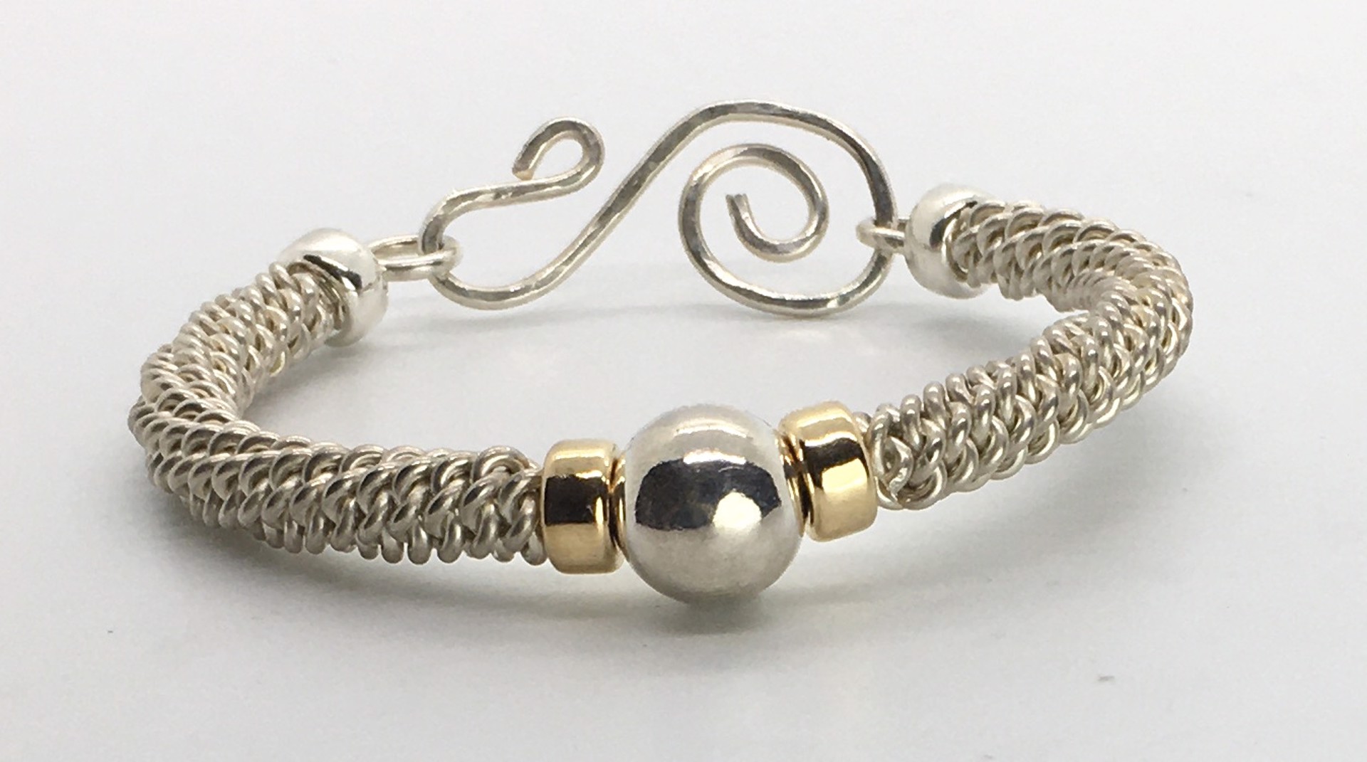 Woven Sterling Silver Bracelet with Gold Plated Rondelles  by Suzanne Woodworth
