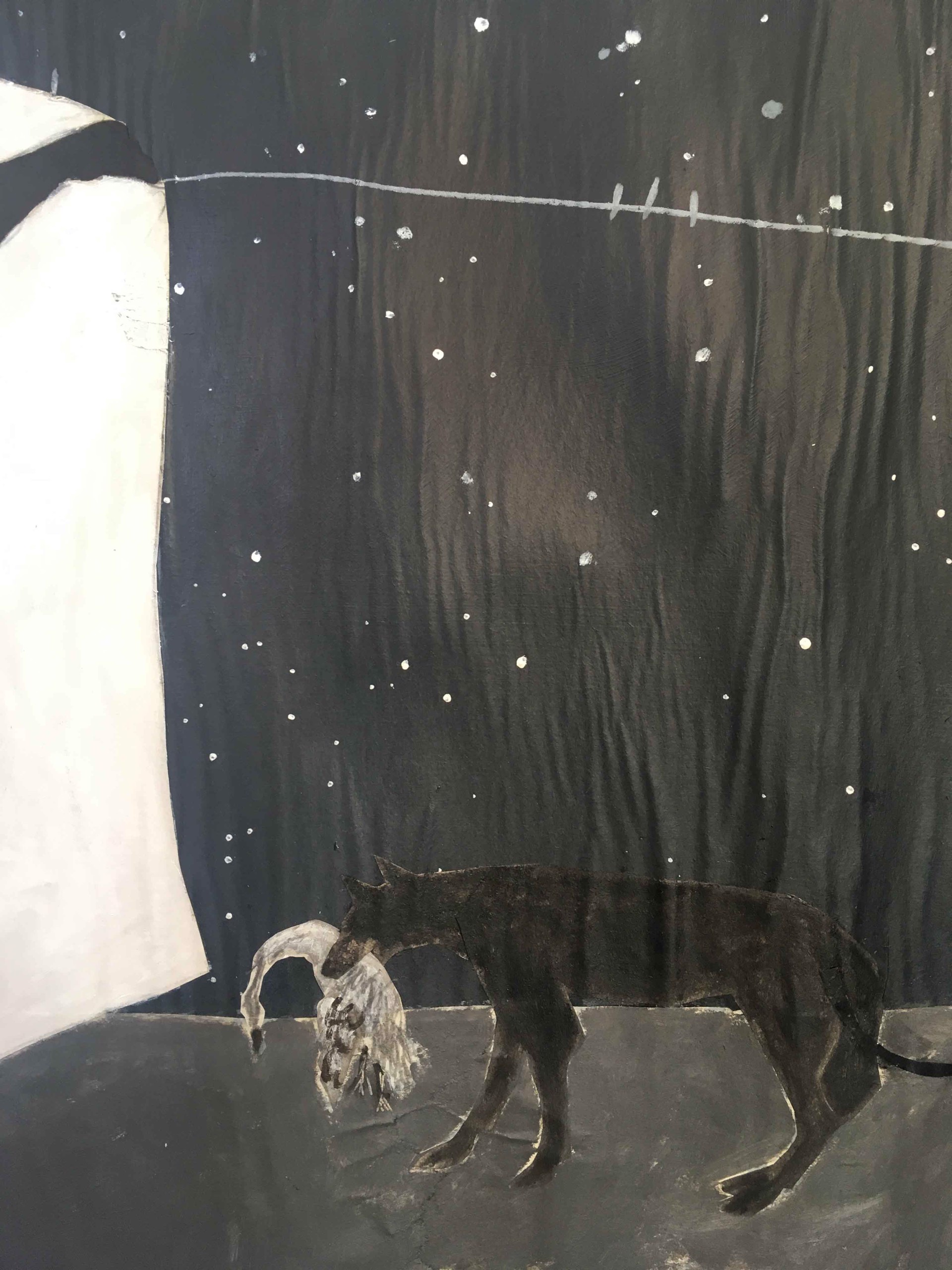 Night Sky Hanging Laundry with a Bird Dog by Gigi Mills
