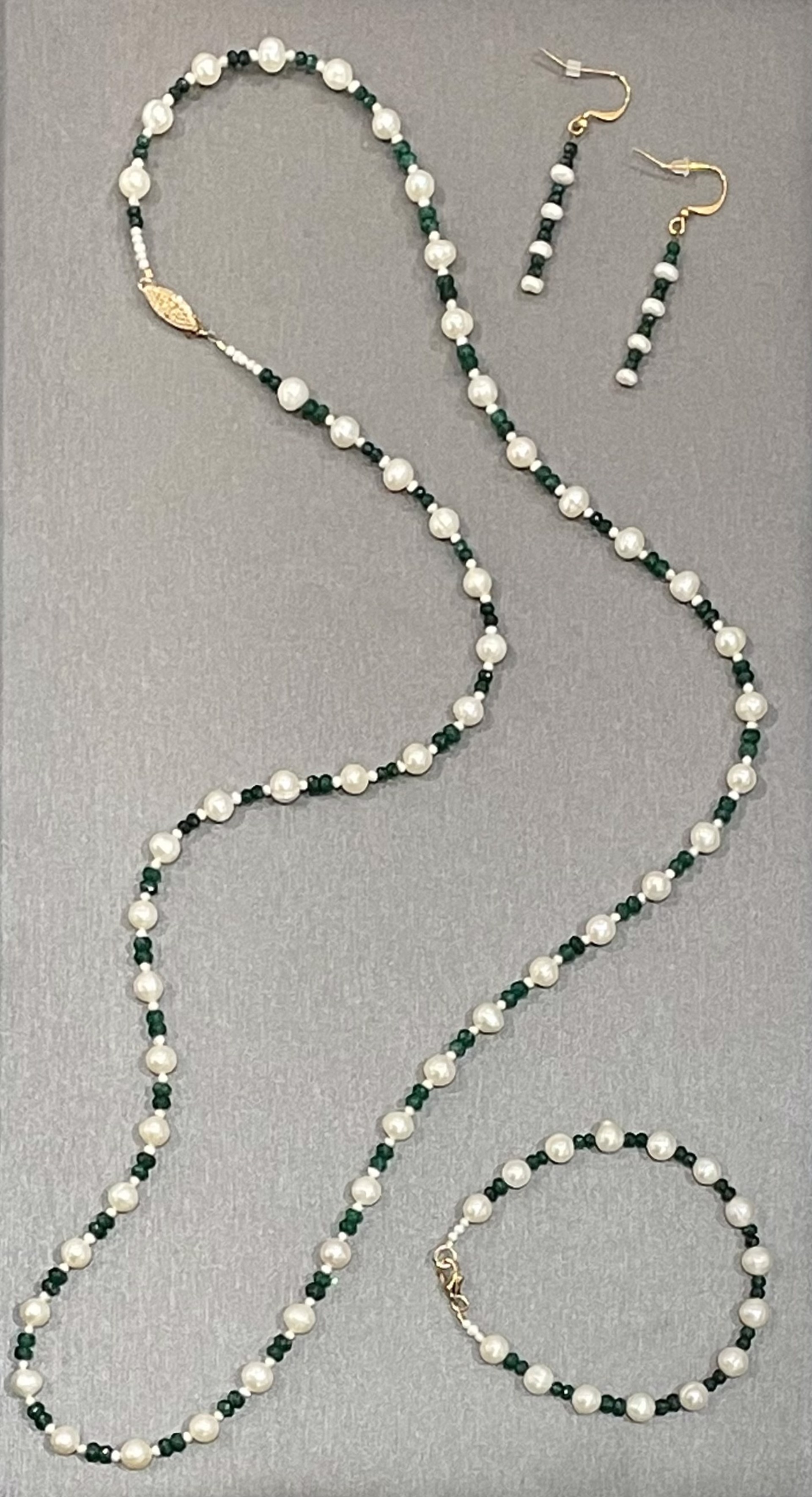 Emeralds and Pearls Necklace, Bracelet, Earrings by Patrice Box