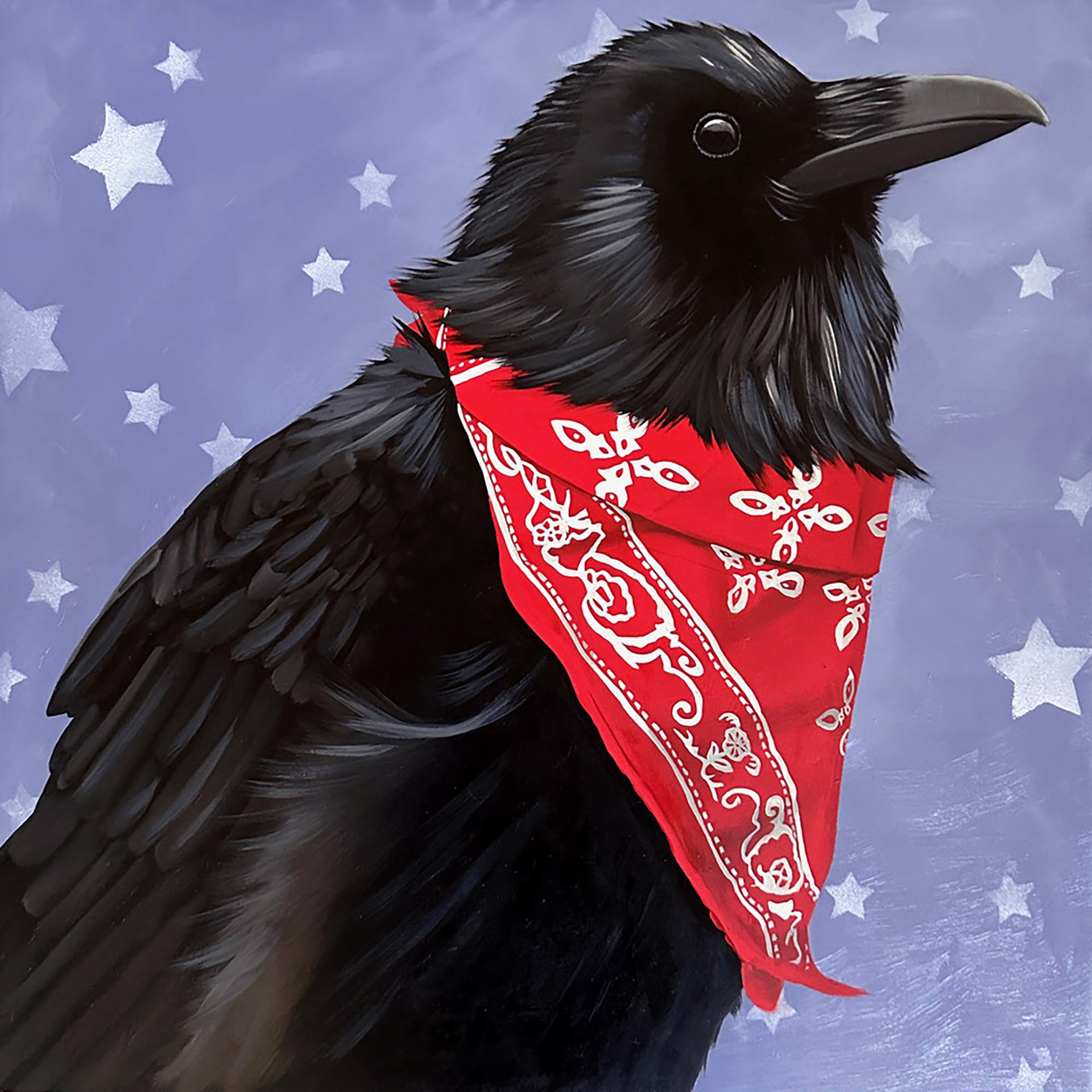 Original Painting By Christy Stallop Featuring a Raven Wearing a Red Bandana on a Blue Background with Stars