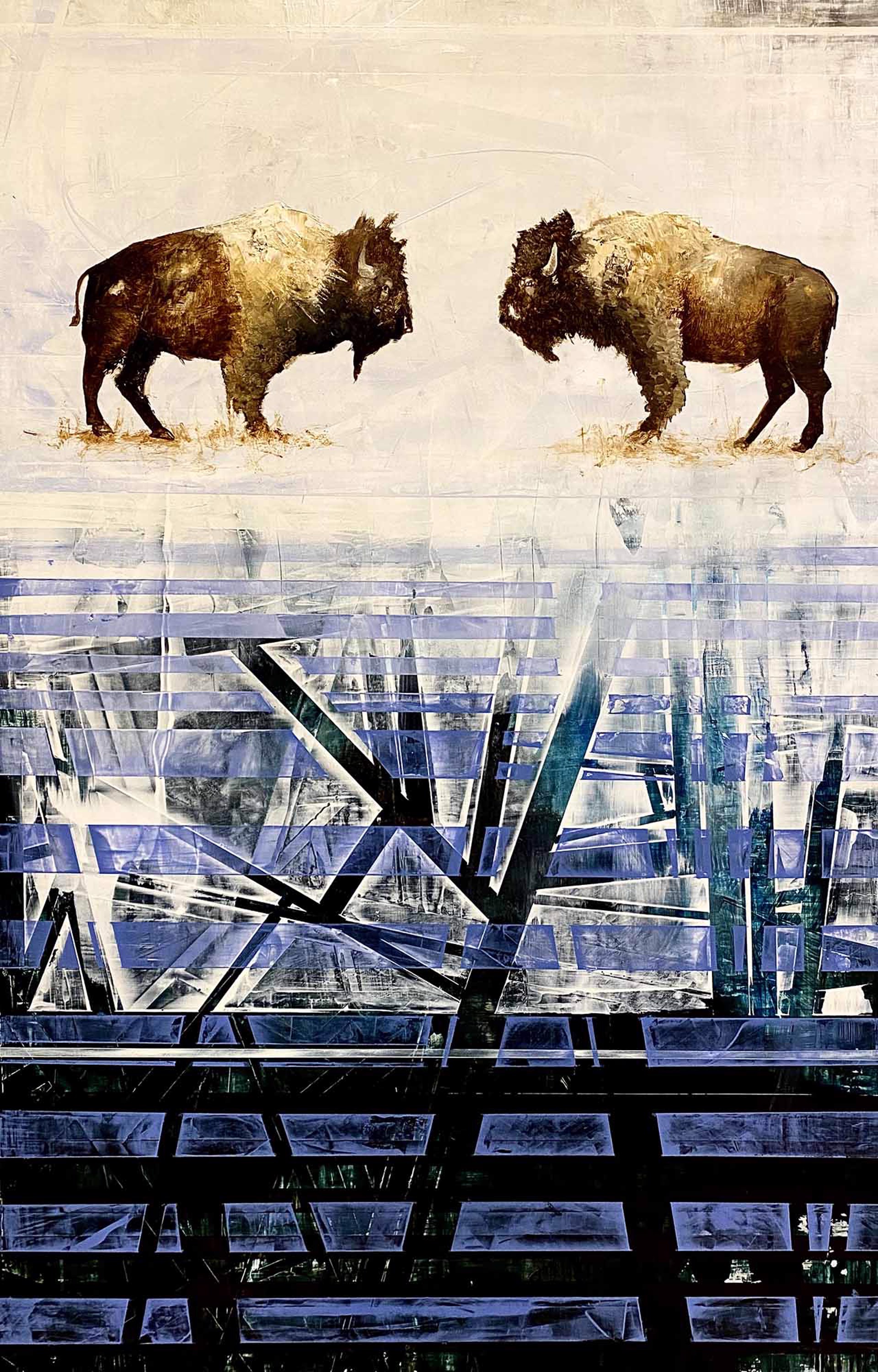 Oil Painting Of Two Bison Facing Each Other Featuring A Contemporary Line Patterned Blue Background, By Jenna Von Benedikt