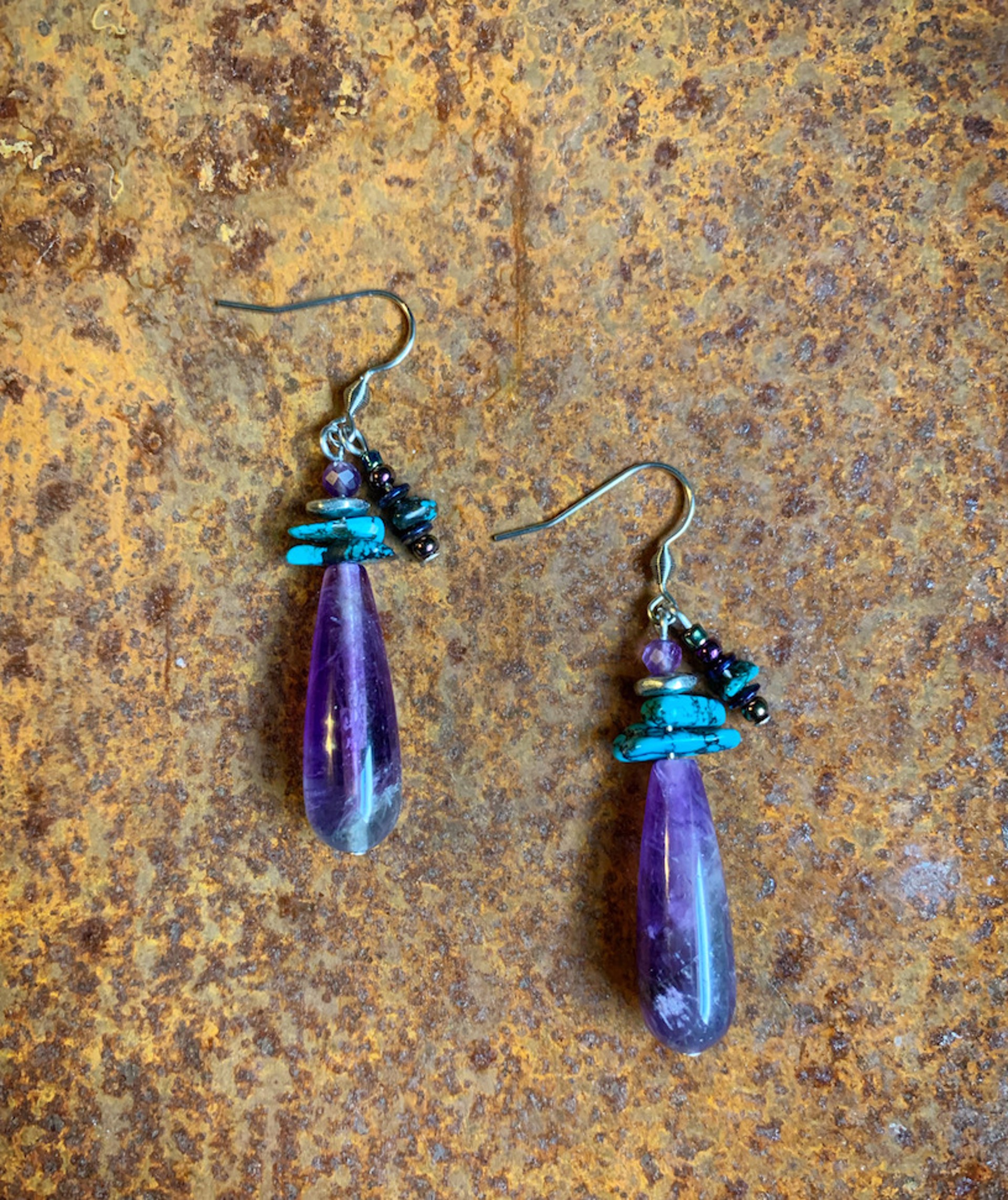 K708 Amethyst and Turquoise Drop Earrings by Kelly Ormsby