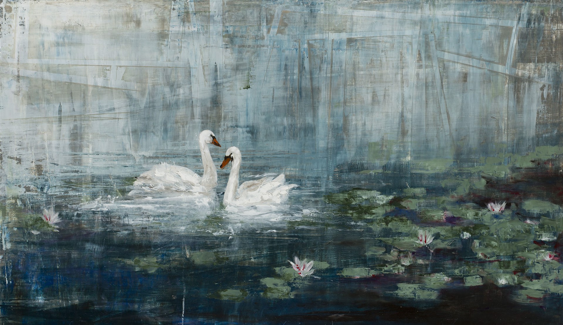 Oil Painting Of Two Swans In Lily Pads With Abstract Contemporary Background Of Blues and Whites, By Jenna Von Benedikt