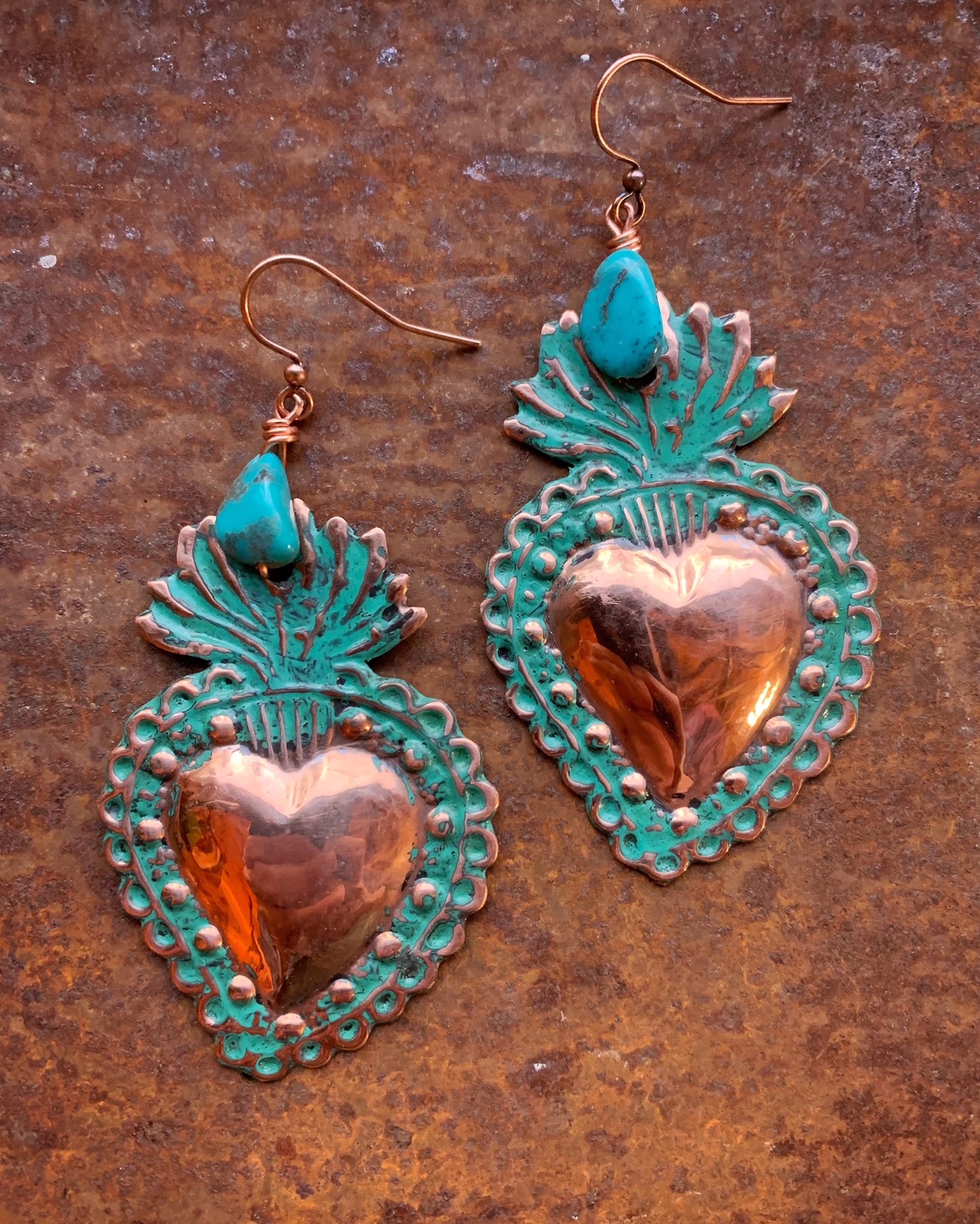 K800 Sacred Heart Earrings with Turquoise by Kelly Ormsby