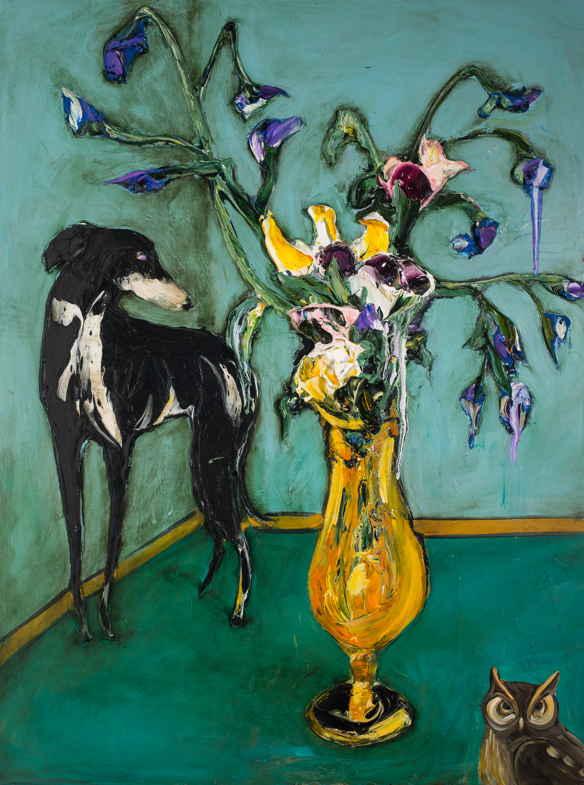 (sold)FLORAL STILL LIFE WITH DOG AND OWL FSL36X48-2019-111 by JUSTIN GAFFREY