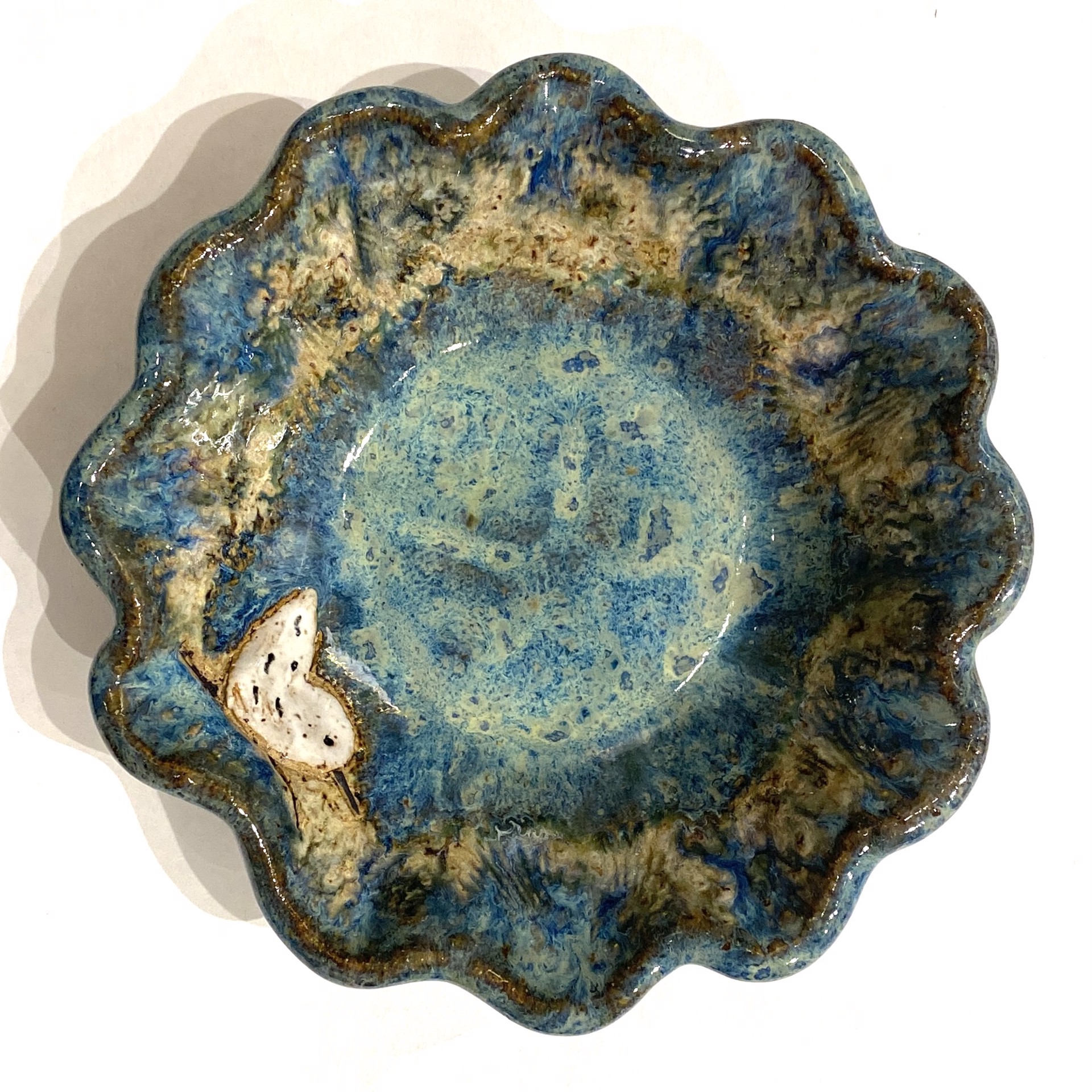 Mini Round Scalloped Bowl with Sandpiper (Blue Glaze) by Jim & Steffi Logan