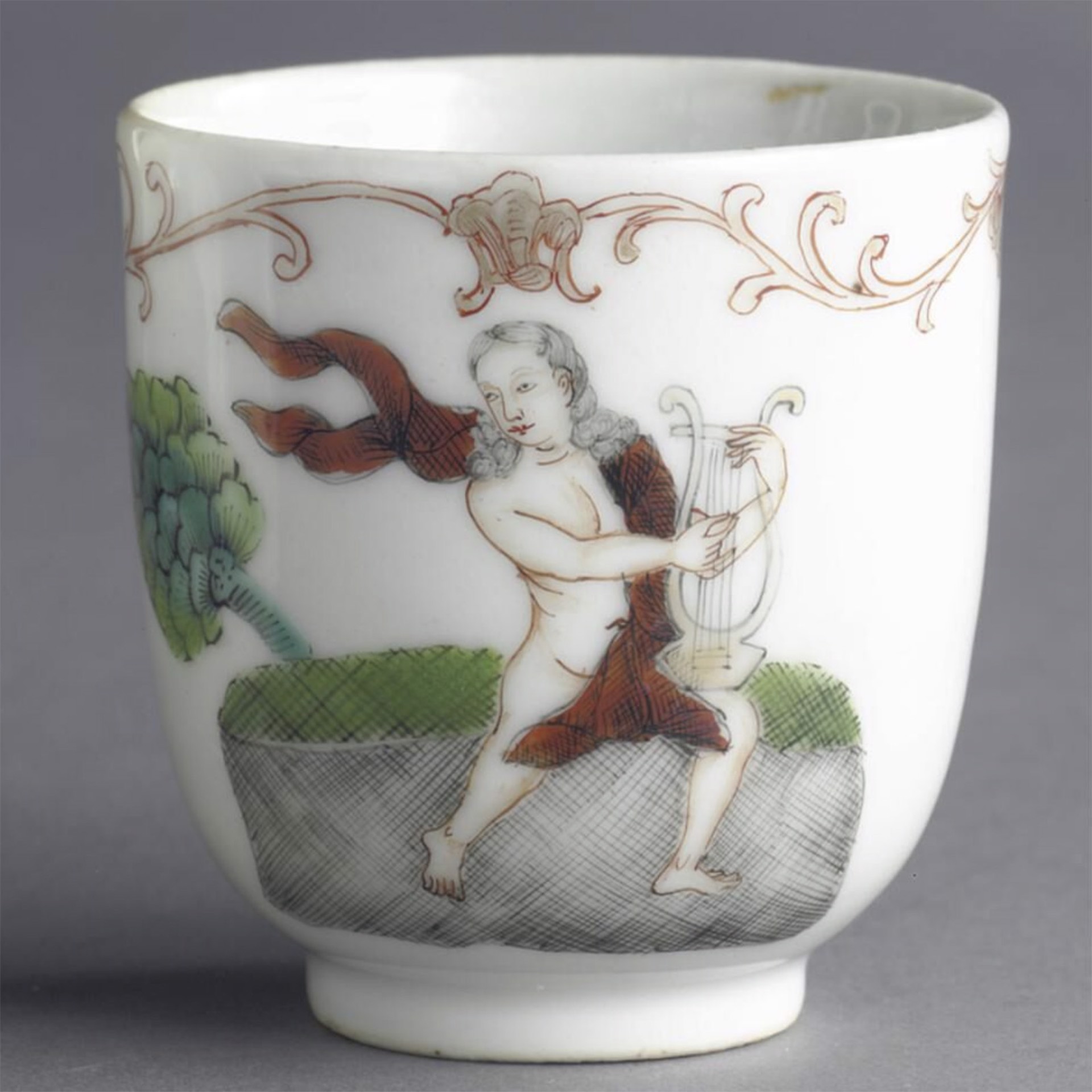 FAMILLE ROSE COFFEE CUP WITH ORPHEUS AND HIS LYRE