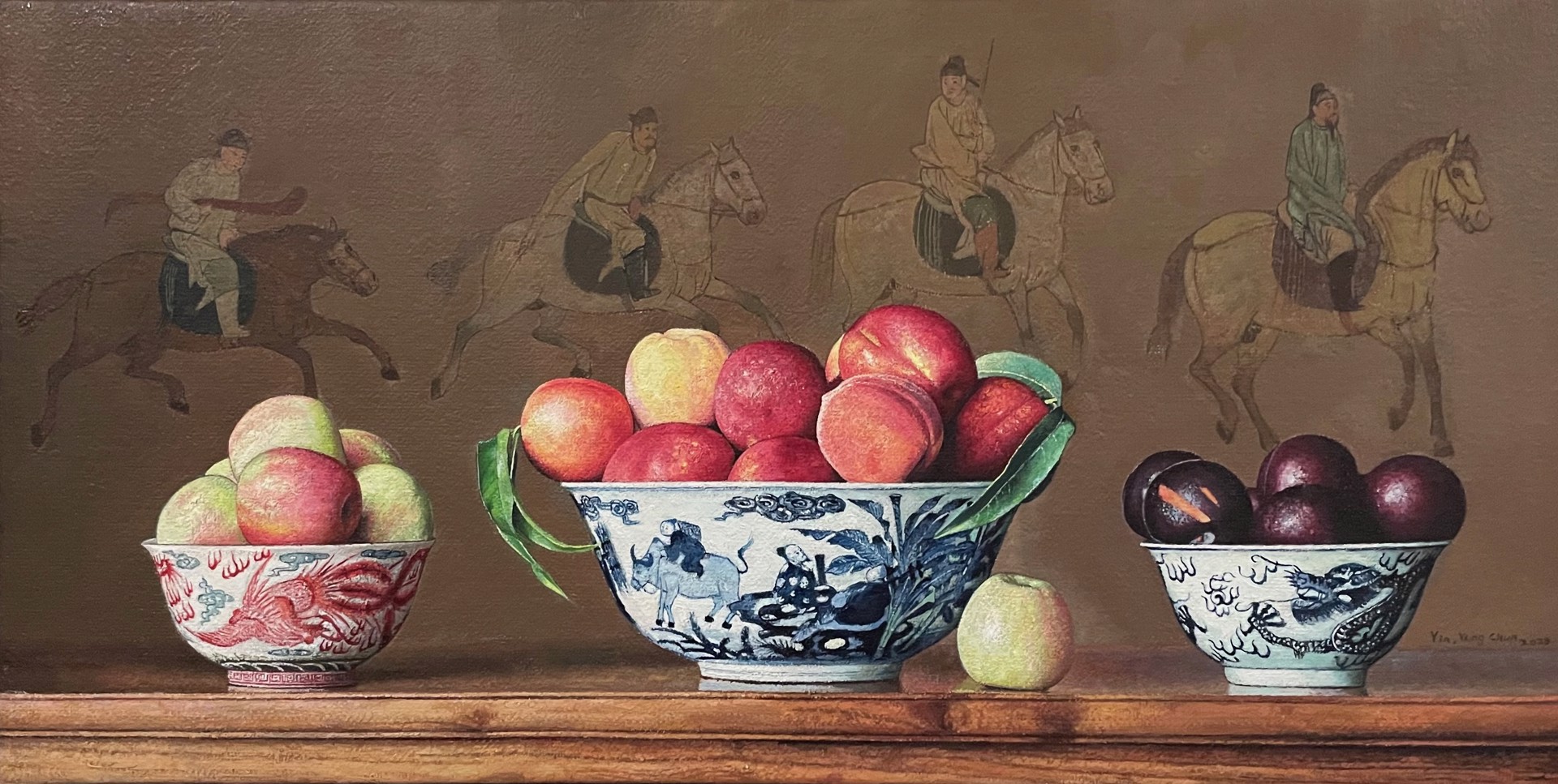 Three Bowls of Fruit with Four Horsemen Playing Polo, Tang Dynasty by Yin Yong Chun