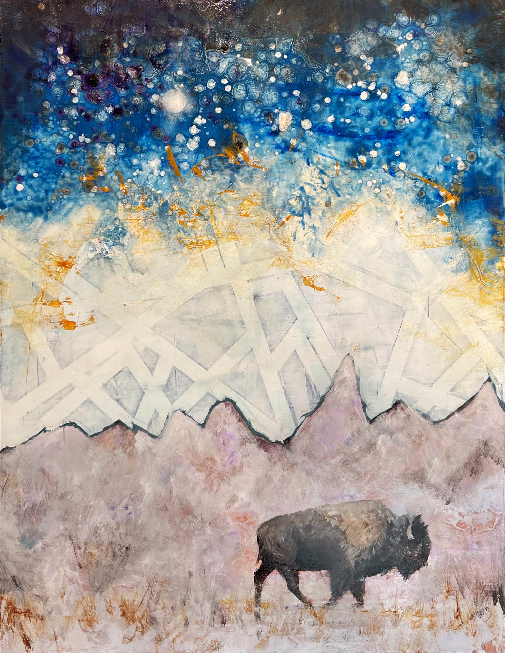 Bison Walking Over Starry Night Abstract Background With Purple Teton Silhouette