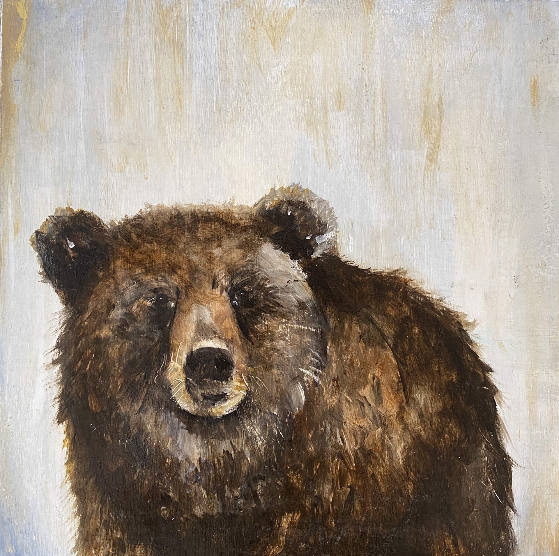 An Original Oil Painting Of A Bear Portrait In A Contemporary Style Featuring A Abstract Cream And Yellow Background, By Jenna Von Benedikt 