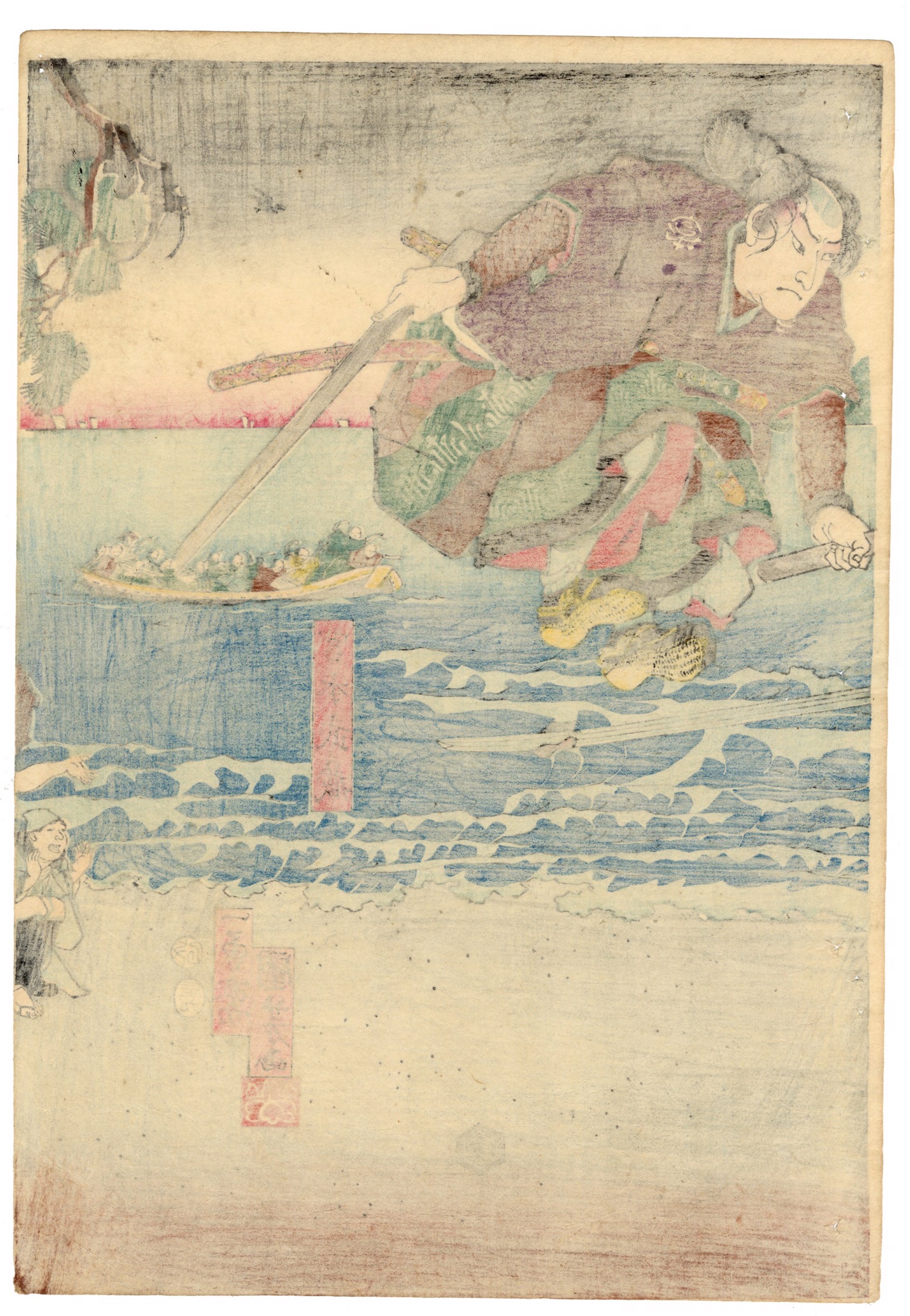Miyamoto Musashi, fencing with two sticks, makes a leap as he fights the villain Sasaki Ganryû by Kuniyoshi