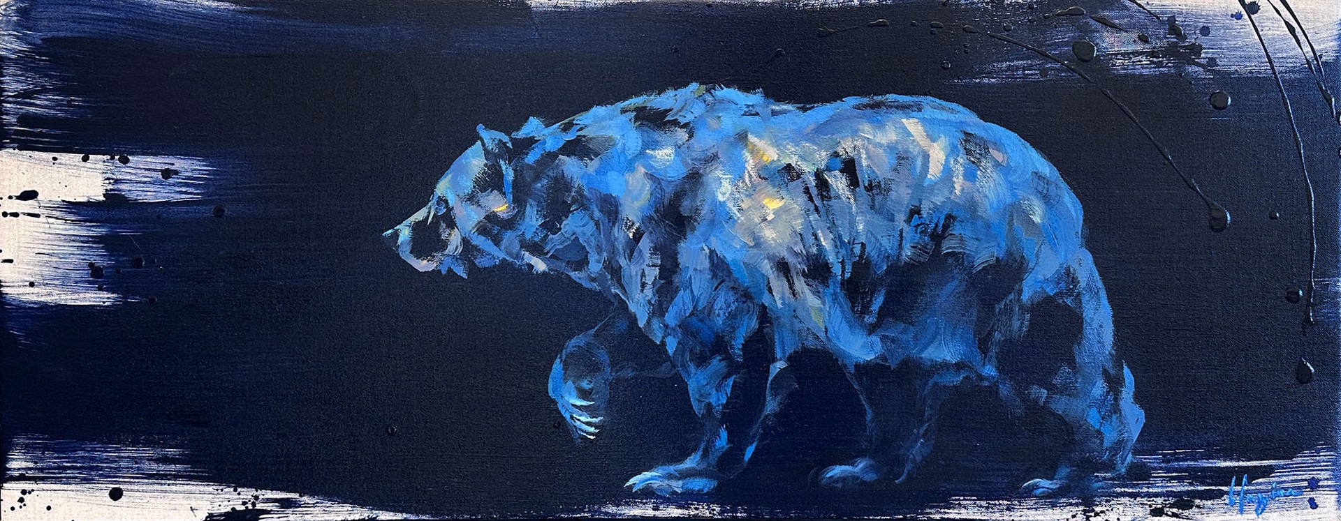 Original Oil Painting By Amber Blazina Featuring A Walking Grizzly Bear Loosely Painted Over Abstract Black Brushstrokes On Exposed Linen