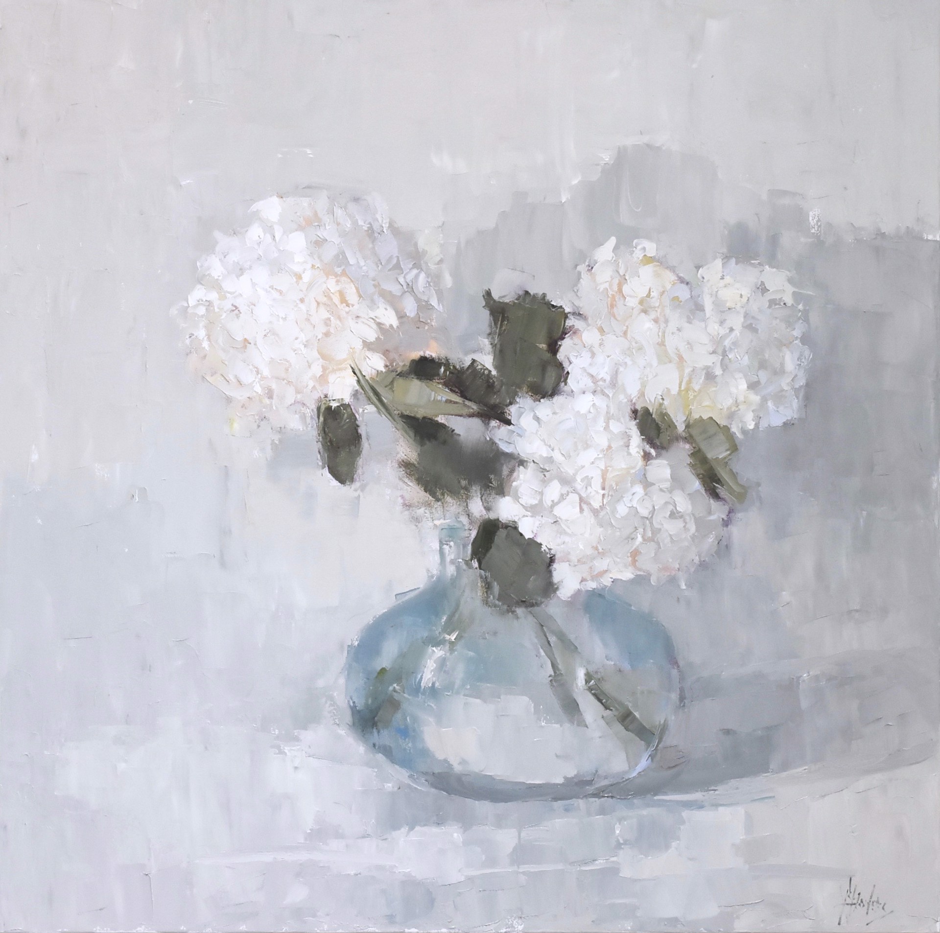 White Hydrangeas in Blue Glass by Barbara Flowers