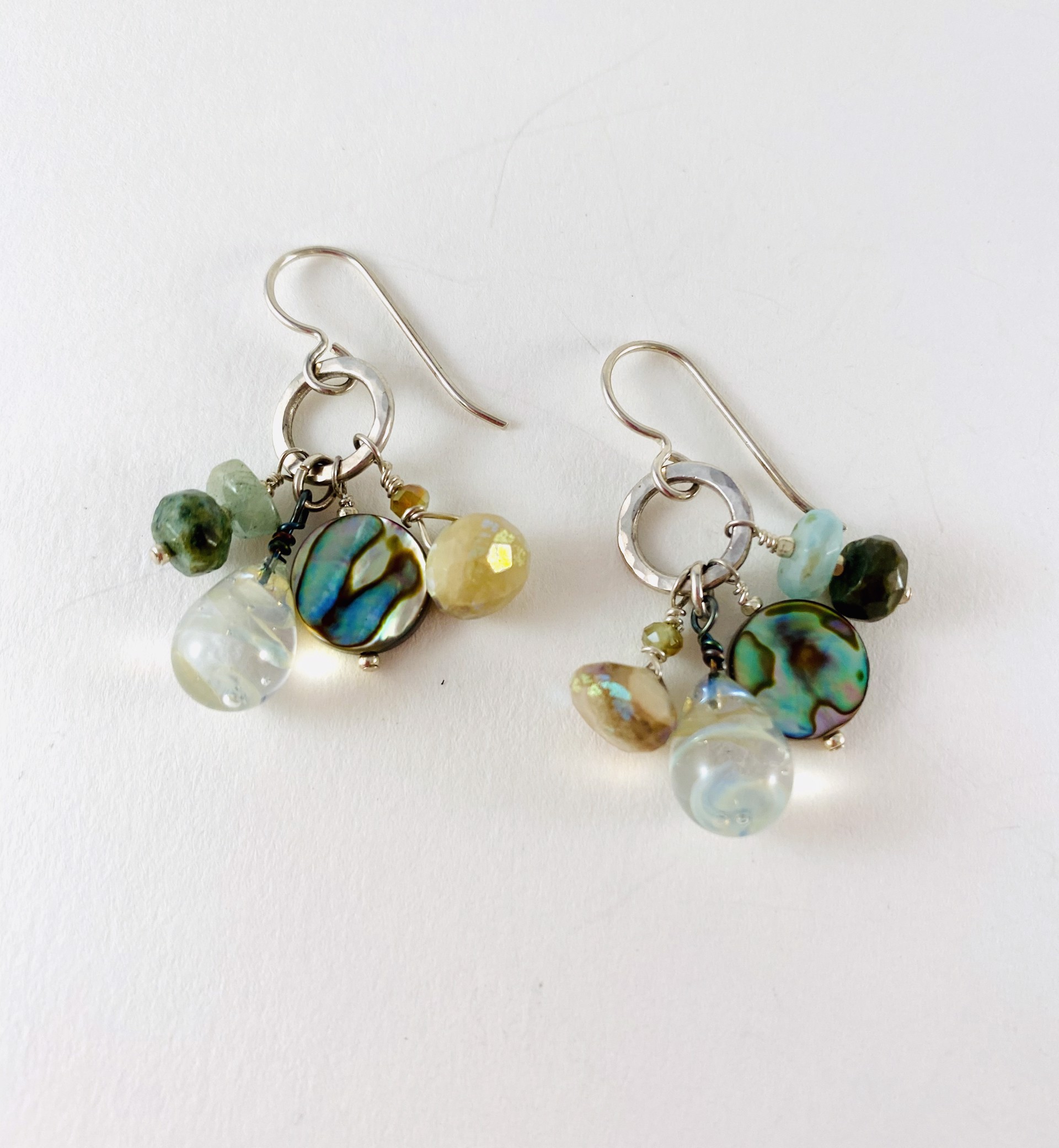Glass Drop with Abalone and Faceted Gemstone Earrings #389 by Linda Sacra