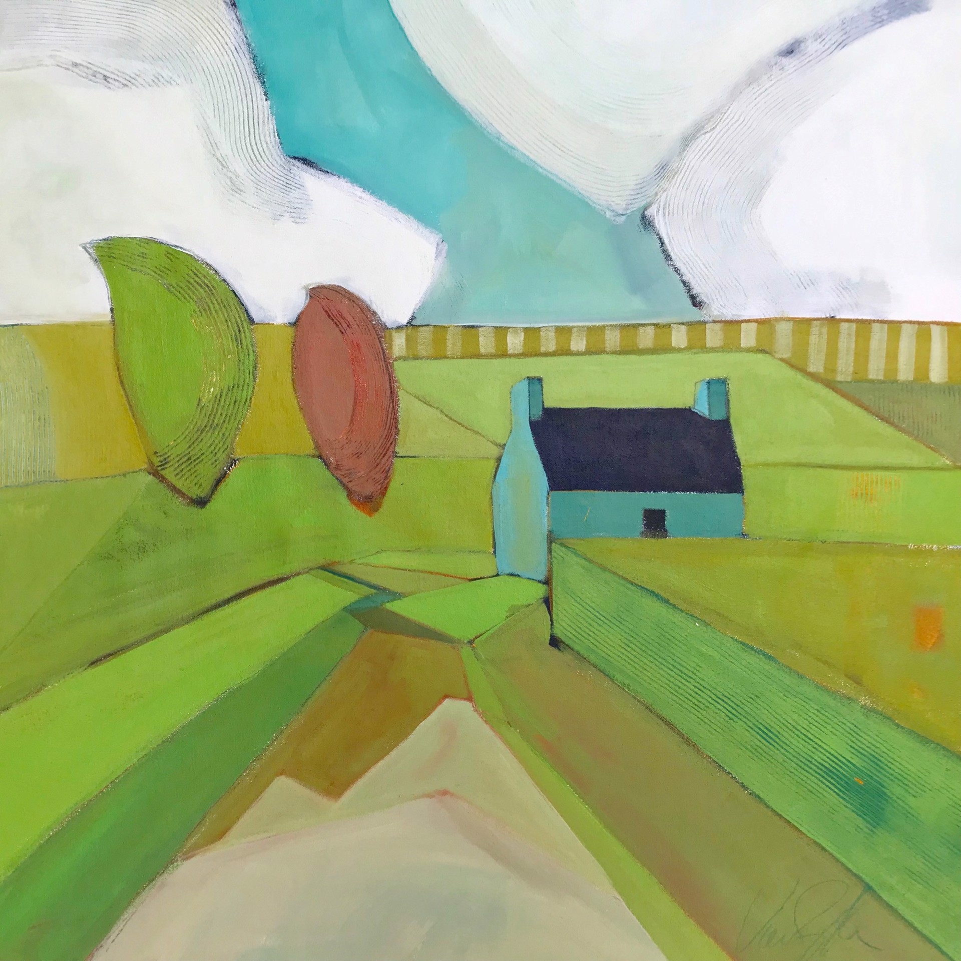 Blue Farmhouse and Two Trees by Rachael Van Dyke
