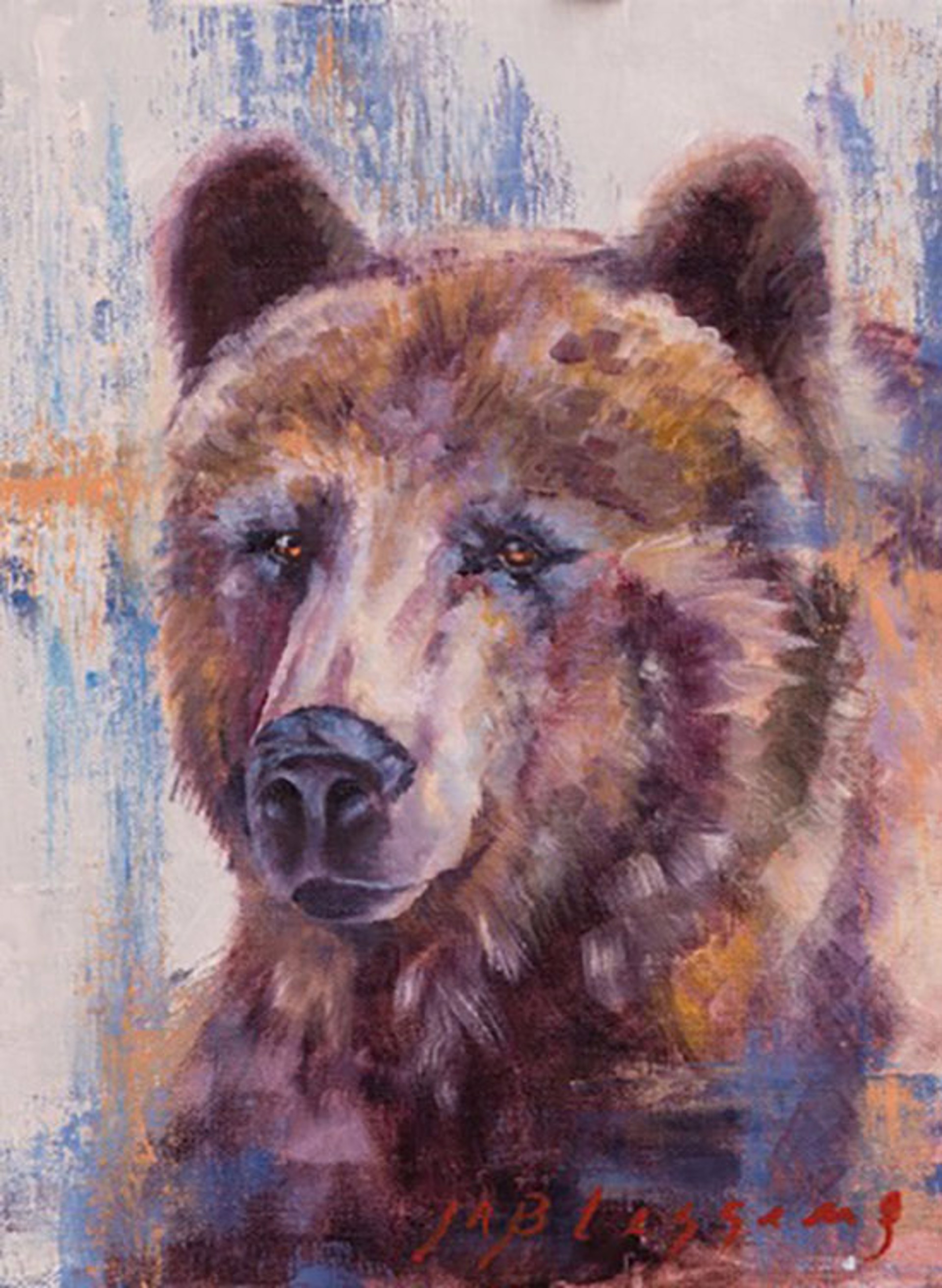 Original Oil Painting Featuring A Grizzly Bear Portrait On Blue And Gray Abstract Background