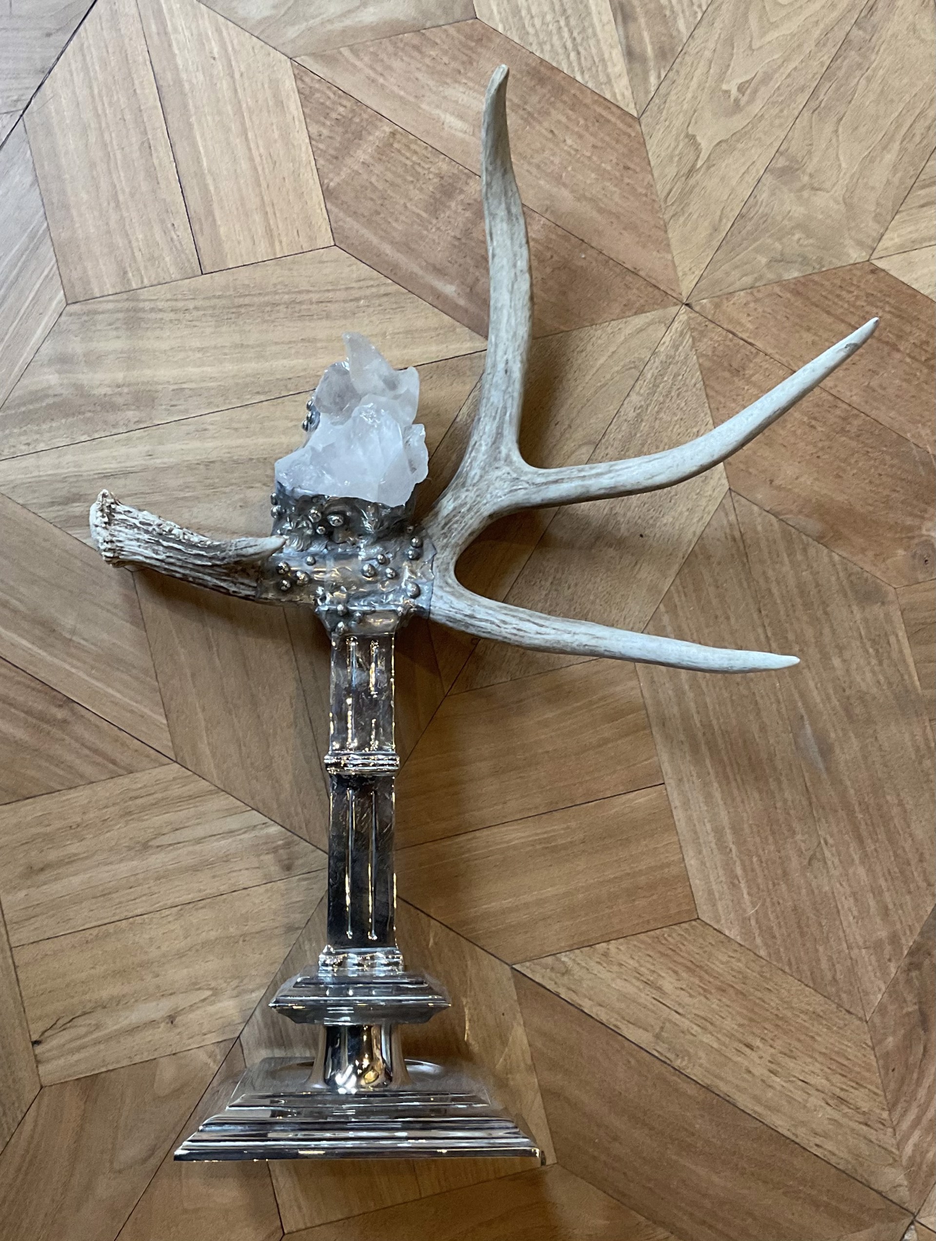 Antler and Crystal Quartz on Silver Candlestick by Trinka 5 Designs