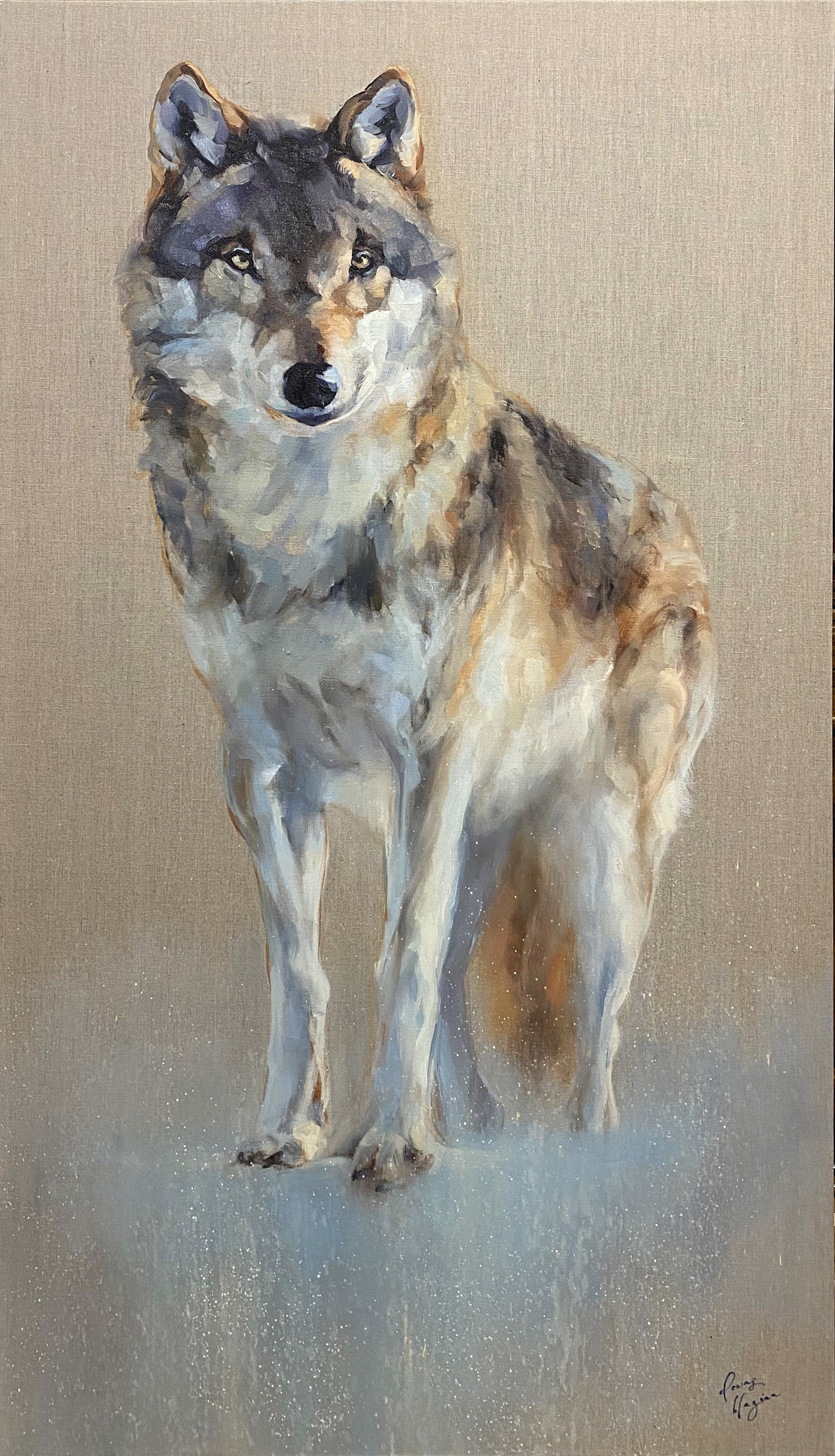 An Original Oil Painting Of A Standing Wolf In A Contemporary Style With Abstract Ground Fading Into Raw Linen, By Amber Blazina