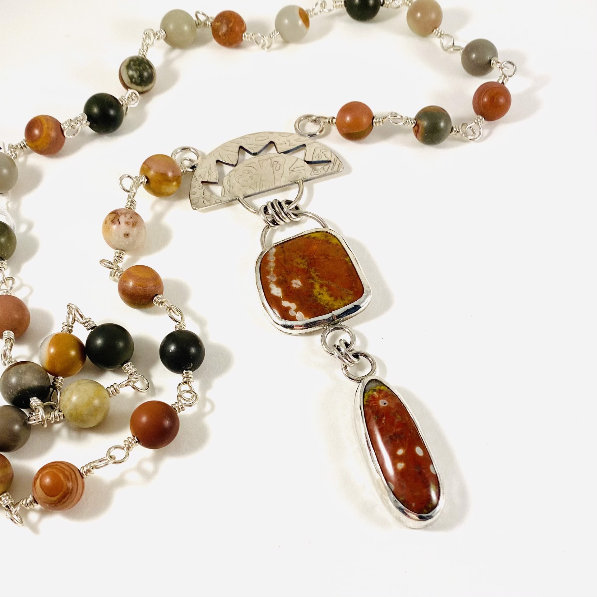 California Poppy Jasper and Sterling (4.5")Pendant on 23" Jasper Bead Chain Necklace AB21-25 by Anne Bivens