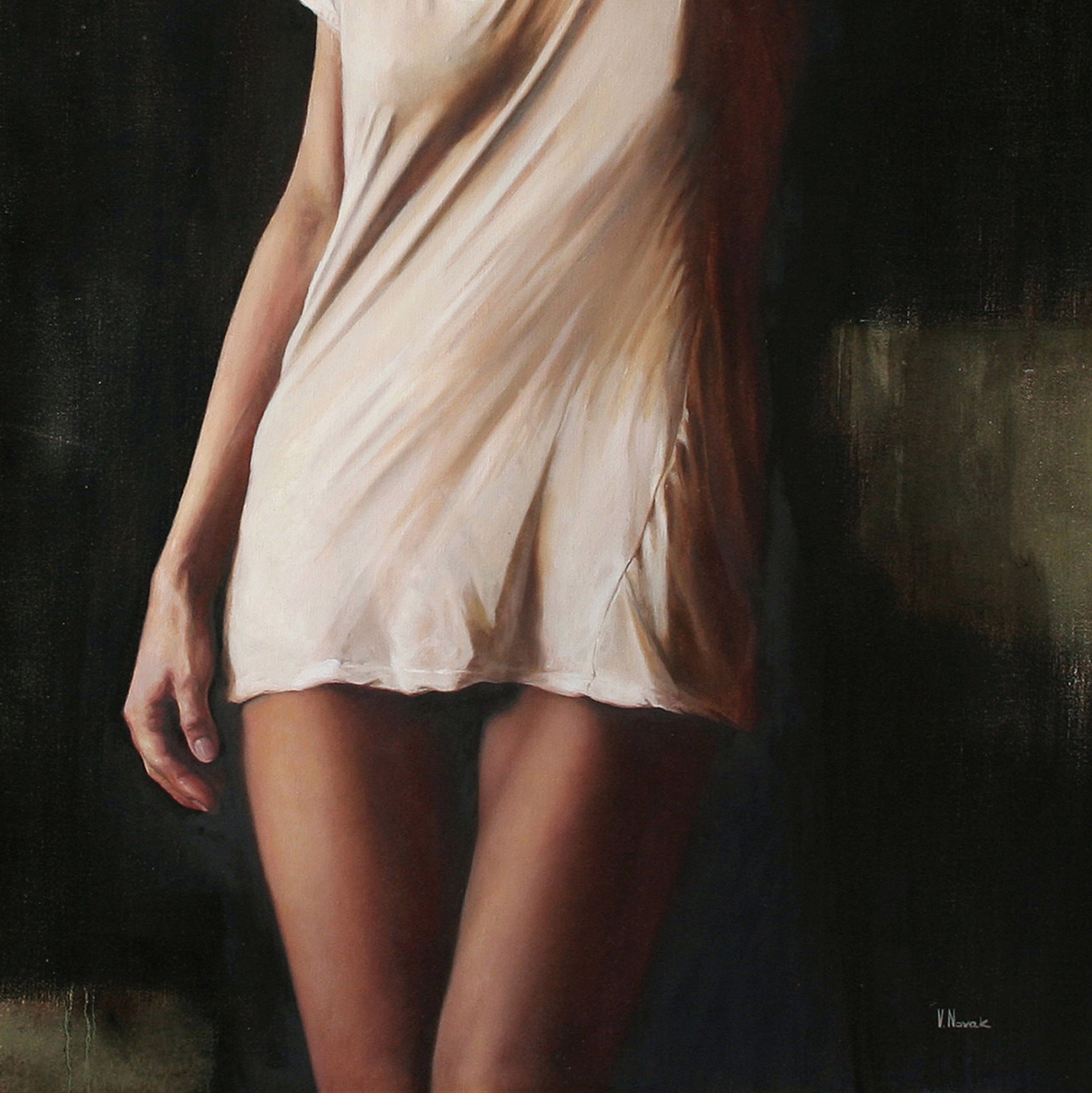 Expressive figurative oil painting "Falling to Pieces" by Victoria Novak, depicting a young woman in a white dress with her arm raised, against a dark, abstract background with dripping paint.