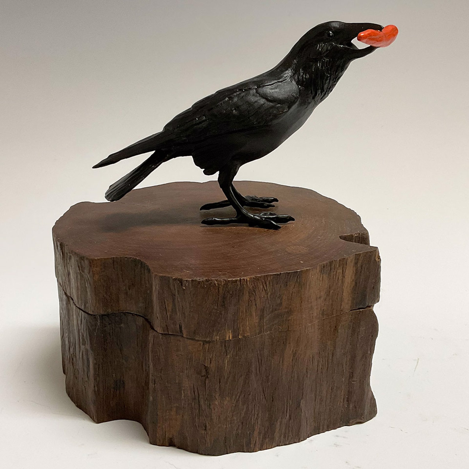 Custom Small Raven IX w/Habanero Orange Chili Pepper and Wood Base by Jim Eppler