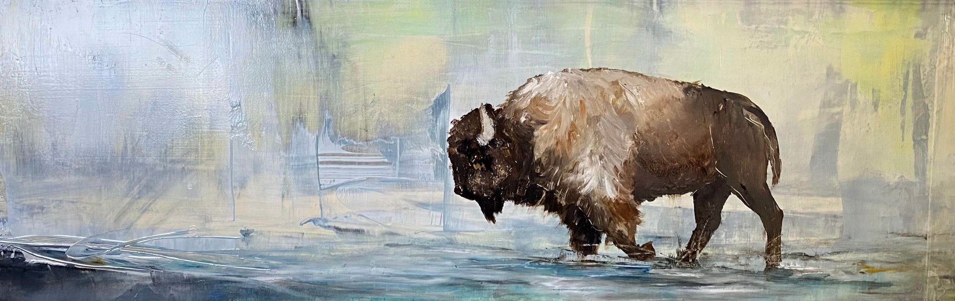 Lone Bison Bull Walking Though An Abstract Landscape.