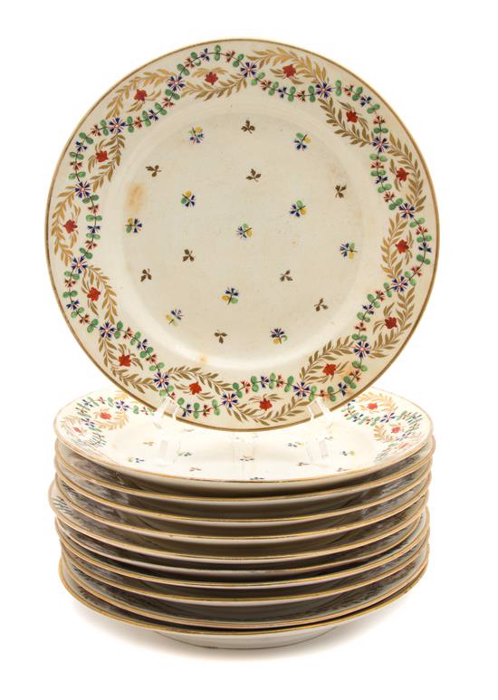 ELEVEN DERBY POLYCHROME AND GILT DECORATED PORCELAIN PLATES
