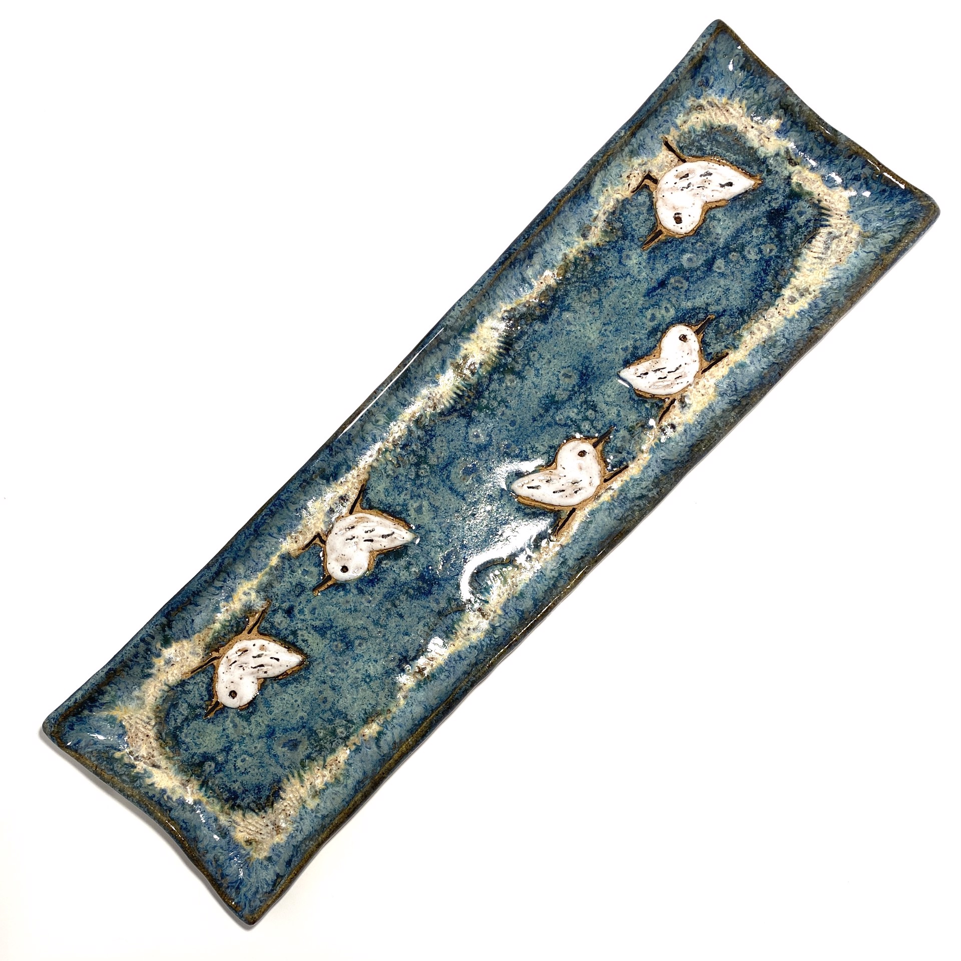 Wide Tray with Five Sandpipers (Blue Glaze) LG23-1137 by Jim & Steffi Logan