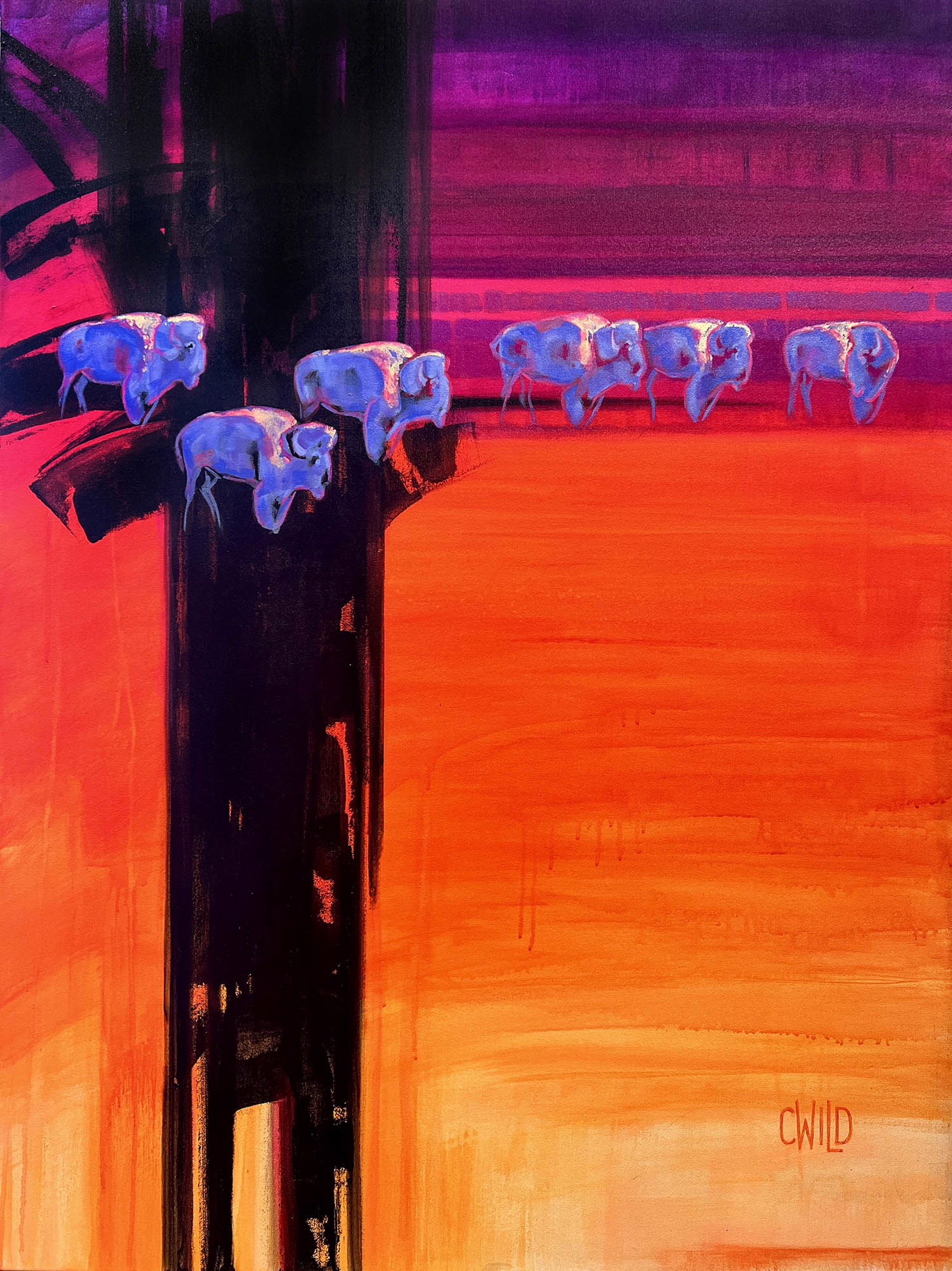 Original Painting Featuring Blue Bison Walking Across Abstracted Horizon Line With Purple To Orange Gradient And Expressive Black Brushstroke