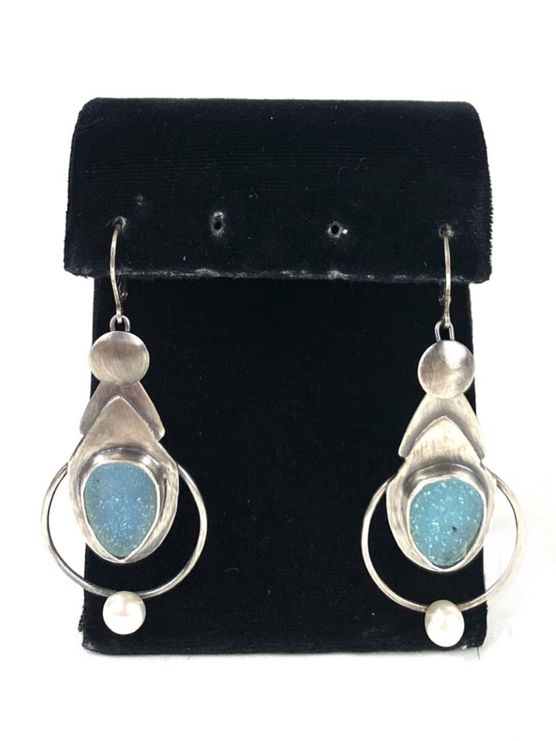 Druzy Blue Topaz, Pearl and Sterling Silver Earrings by Anne Rob