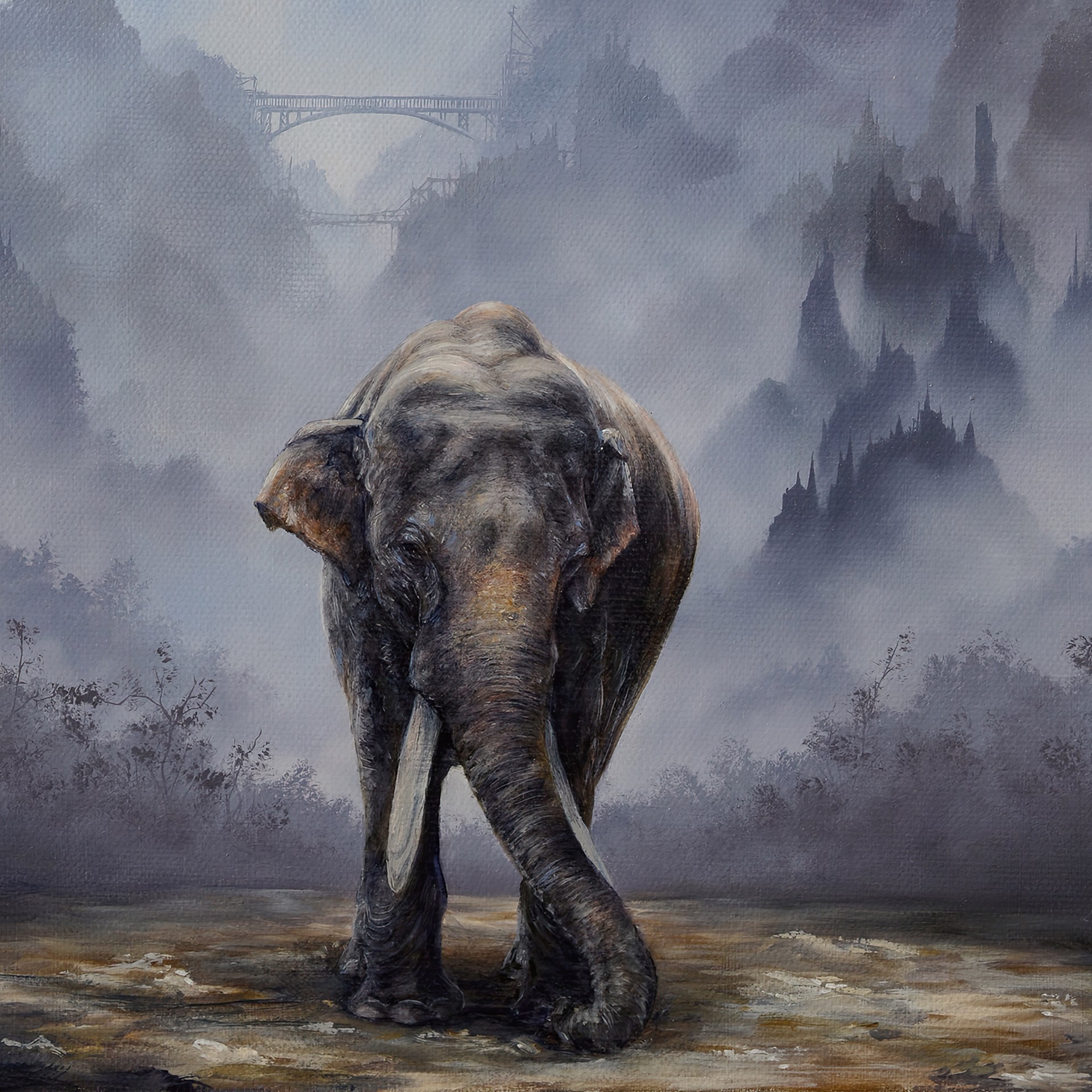 Asian Elephant Standing Before Hazy Blue Mountains by Brian Mashburn