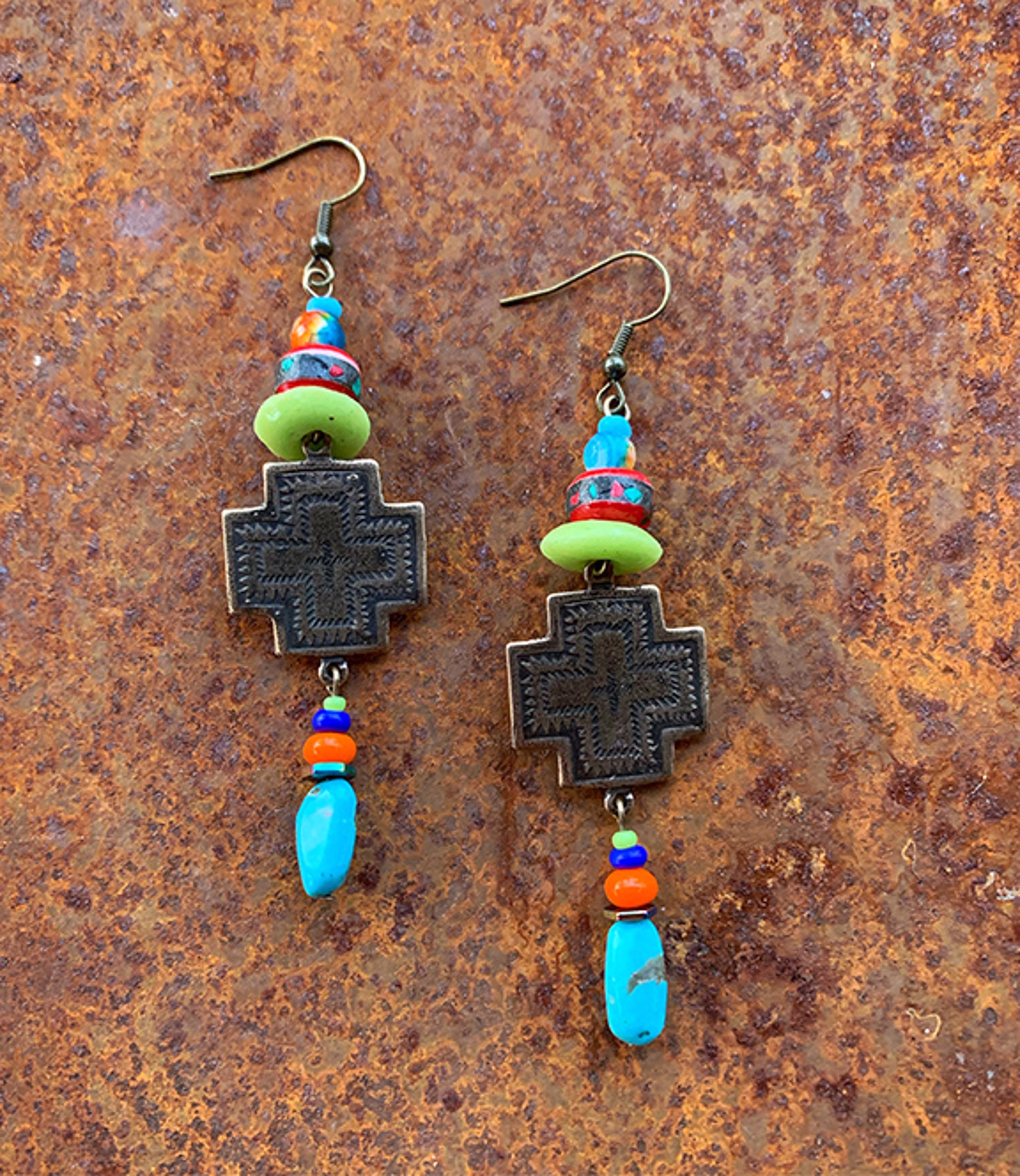 K730	Square Cross Earrings with Bright Accents by Kelly Ormsby