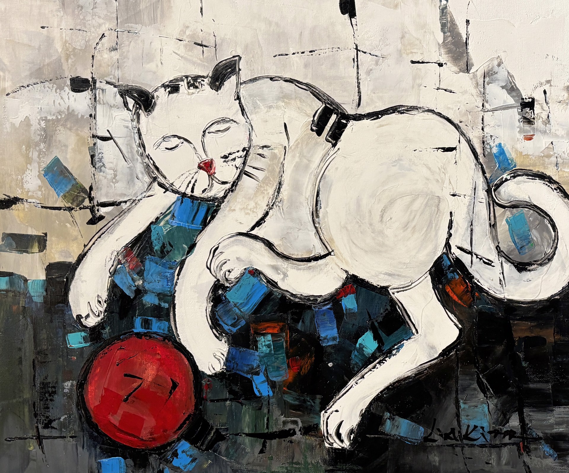 WHITE CAT WITH RED BALL by LIA KIM