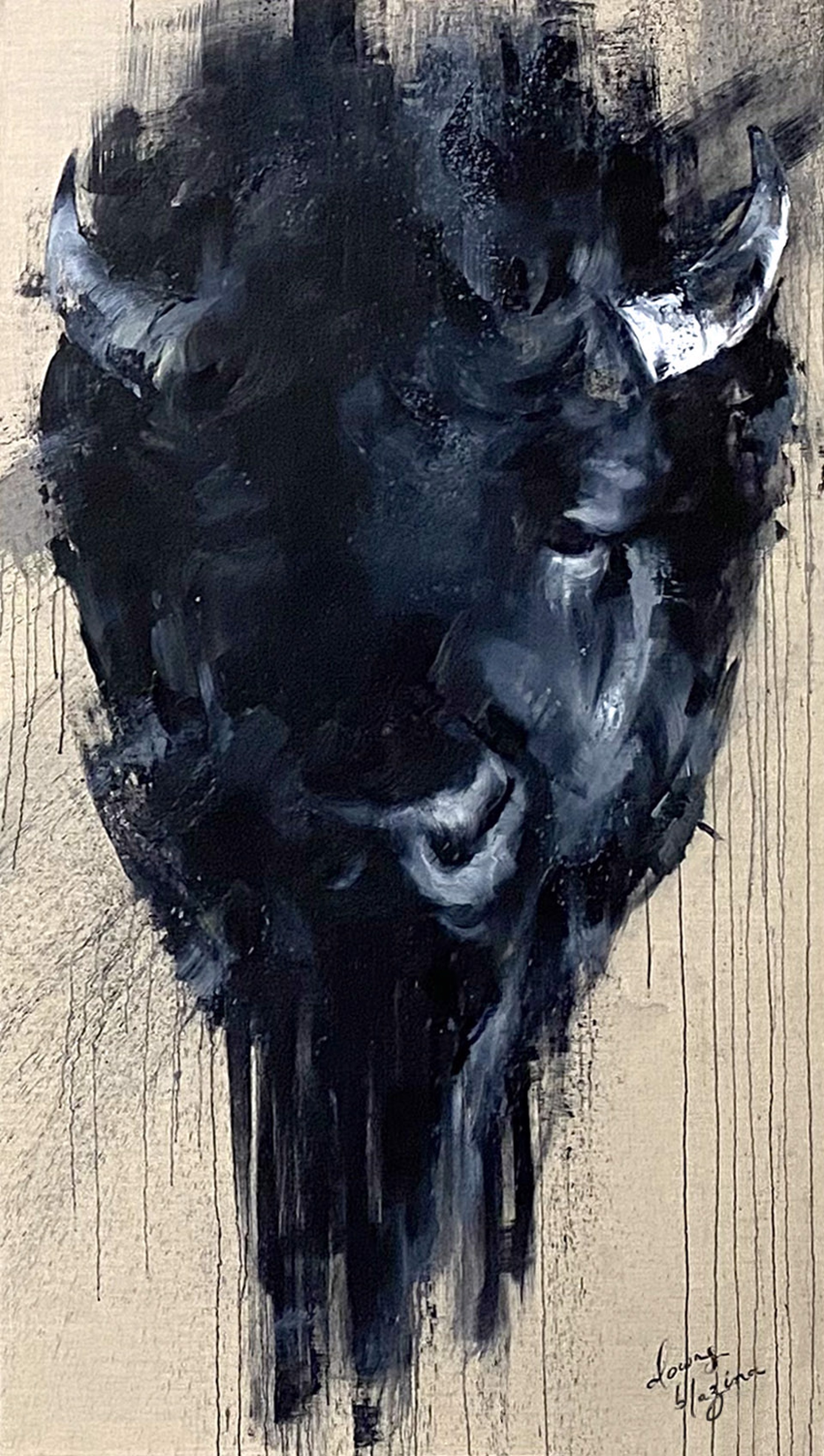 Bison Head Central in a Raw Linen Background with White and Black Splatters and Drips