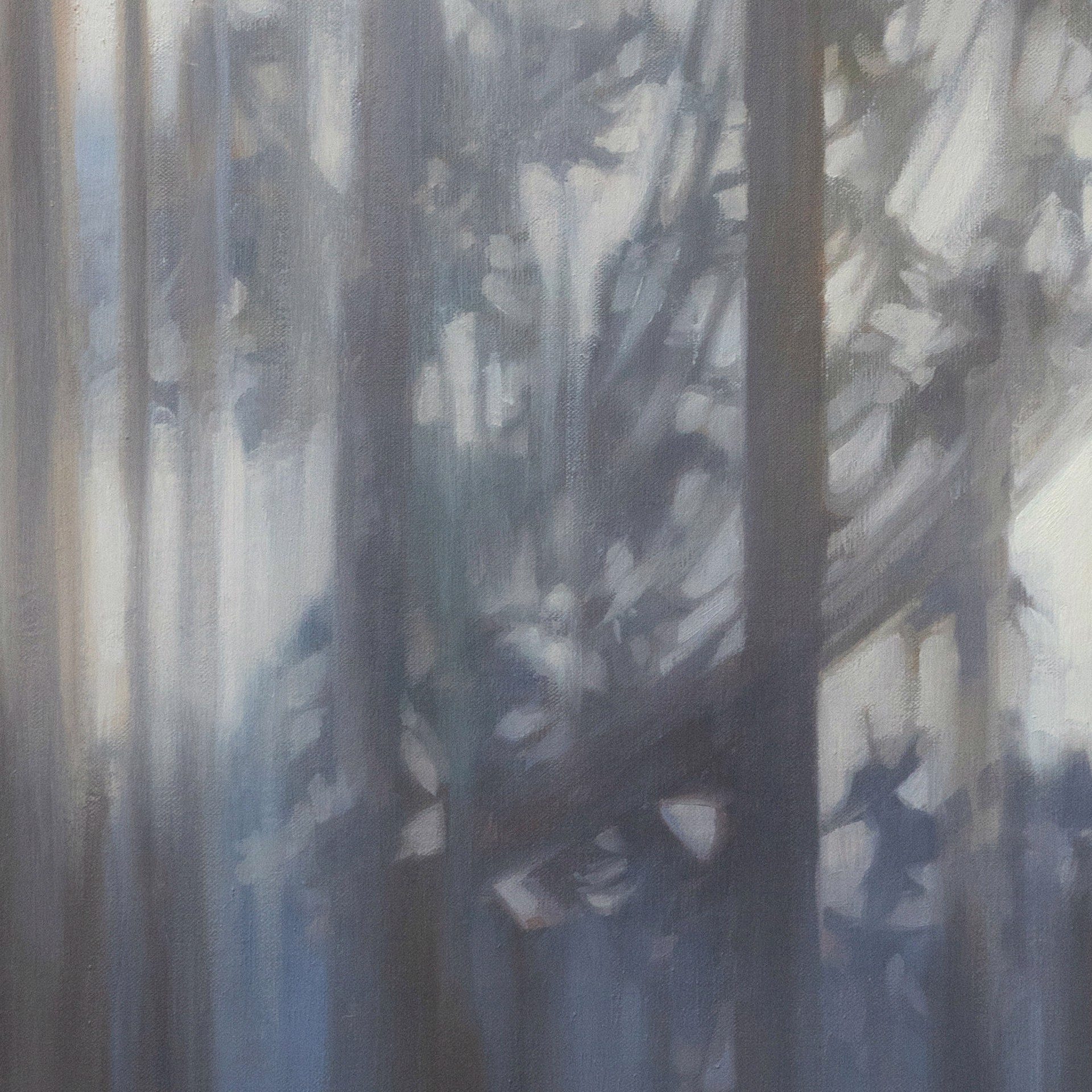 Oil painting "Beginnings" by Robin Cole depicting an interior view through sheer curtains, with trees and foliage visible outside.